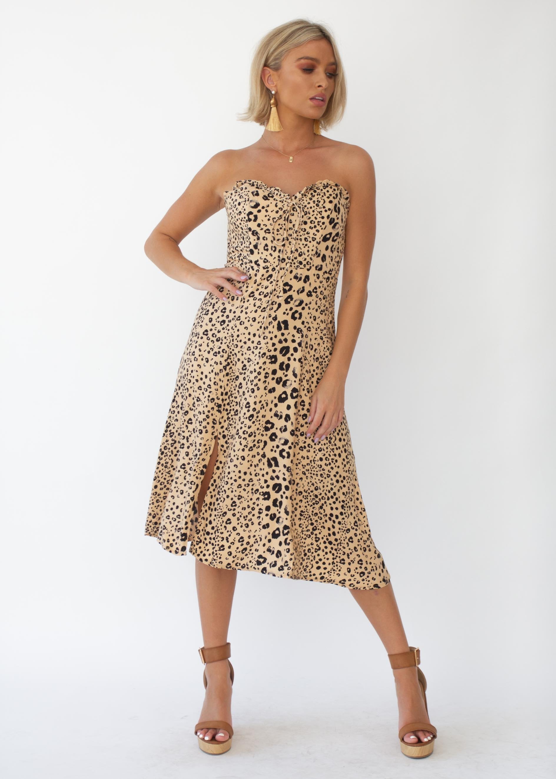 Tucson Strapless Midi Dress - Tan Leopard