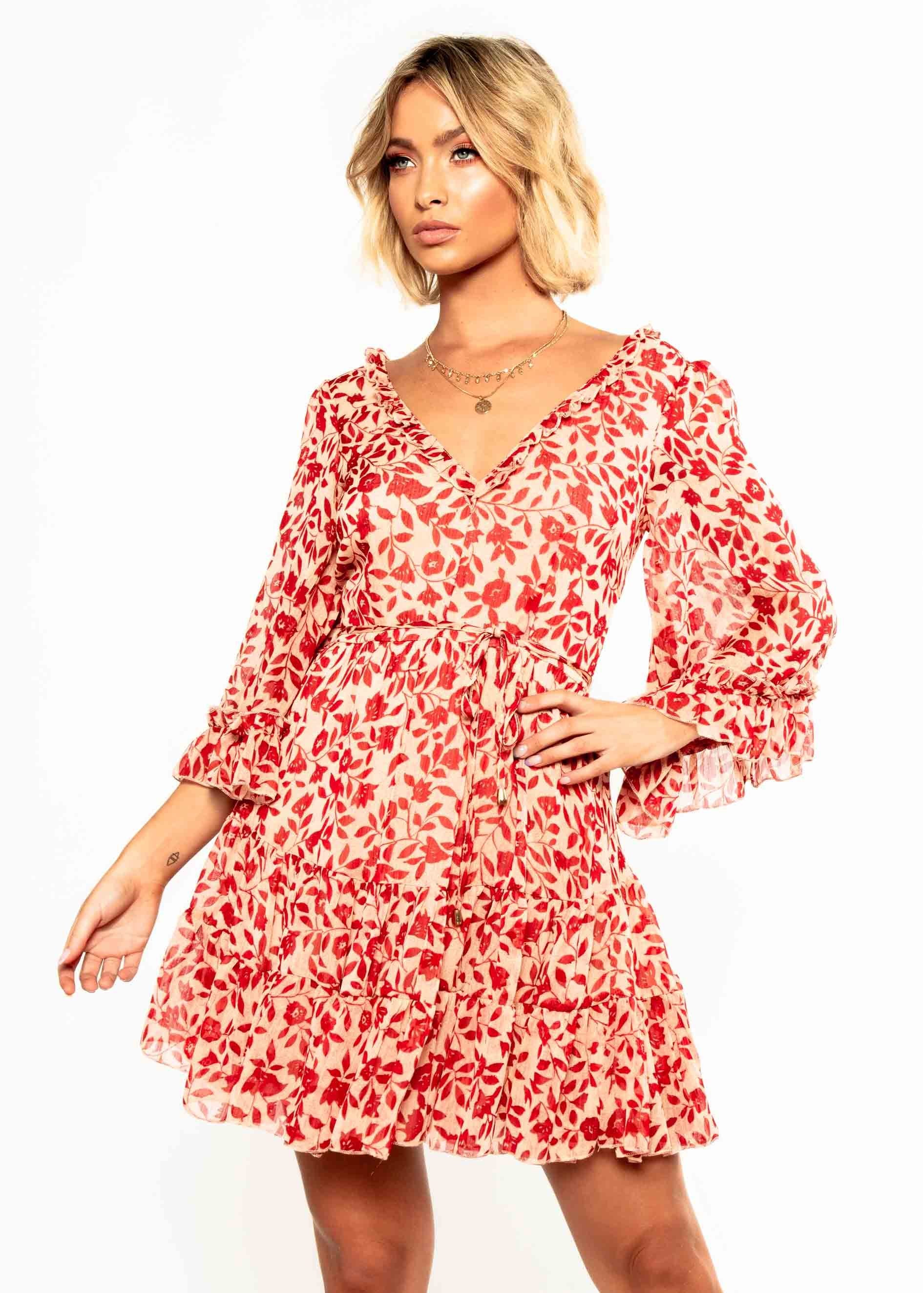 Xena Dress w/ Tie - Red Floral