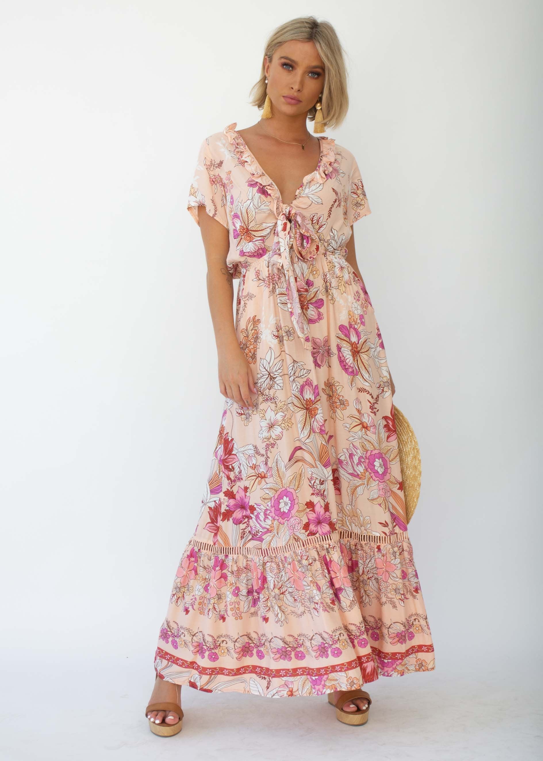 Mabel Tie Maxi Dress - Soft Peach Floral