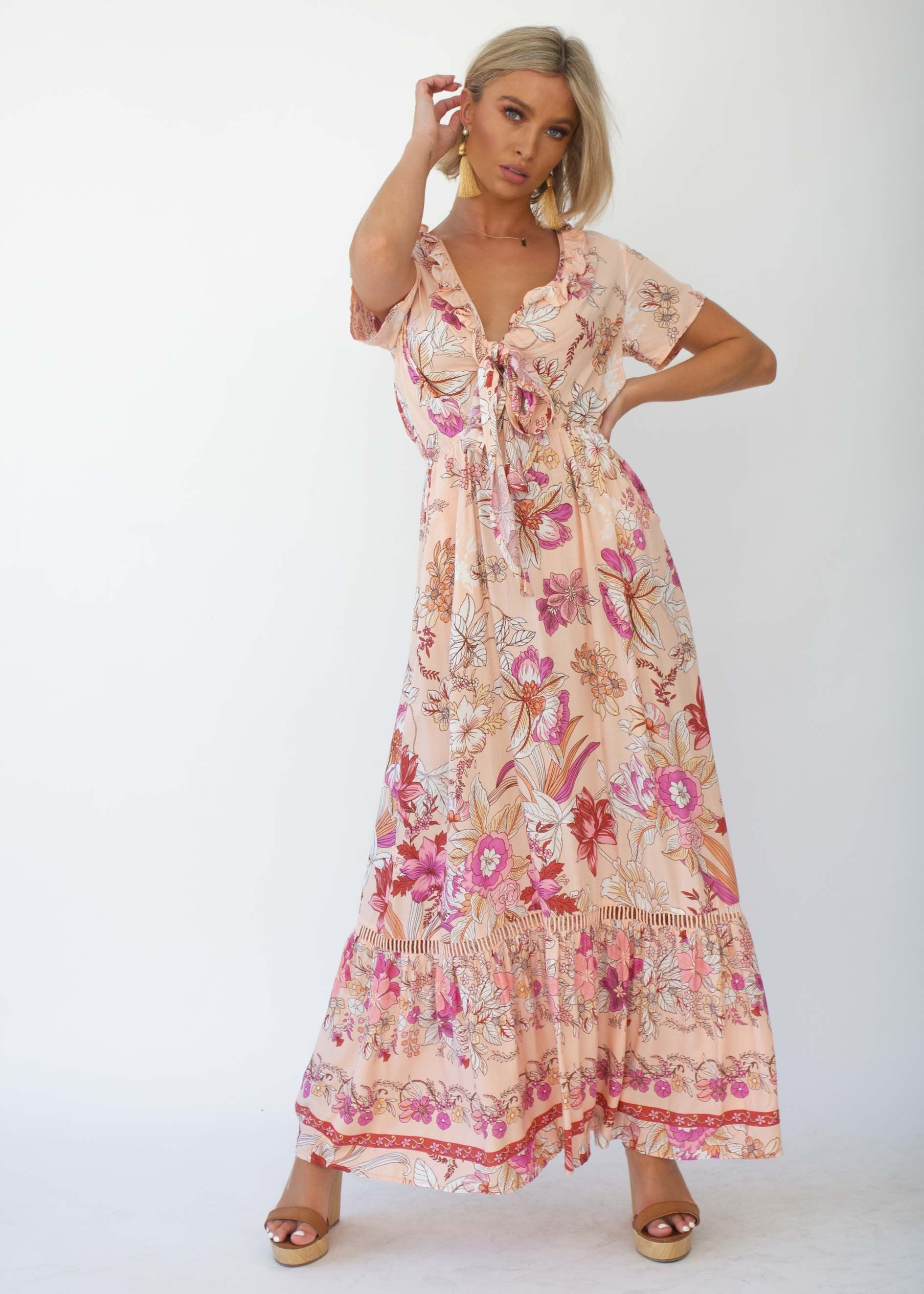 Mabel Tie Maxi Dress - Soft Peach Floral