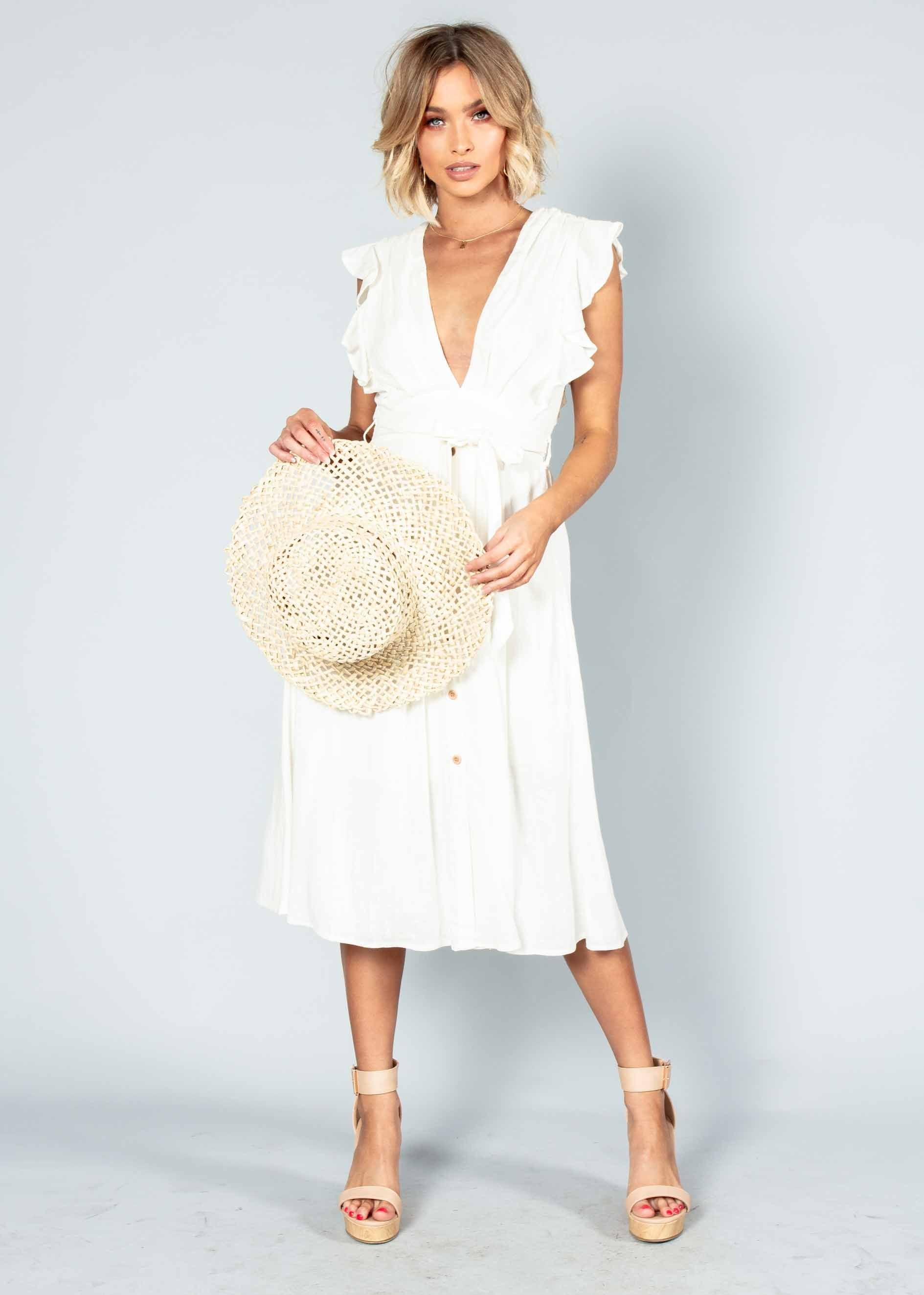 Raegan Linen Midi Dress w/ Tie - White