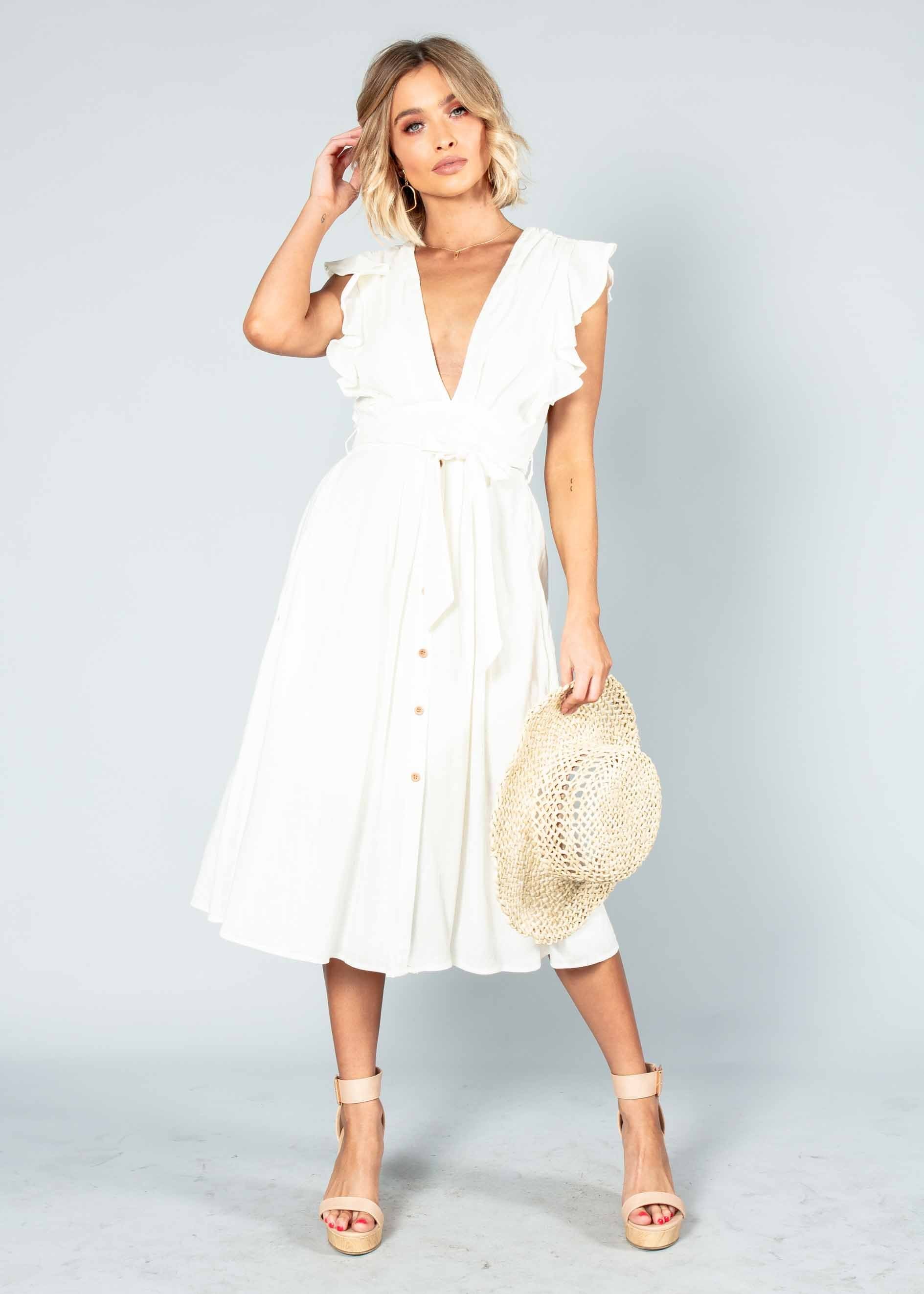 Raegan Linen Midi Dress w/ Tie - White