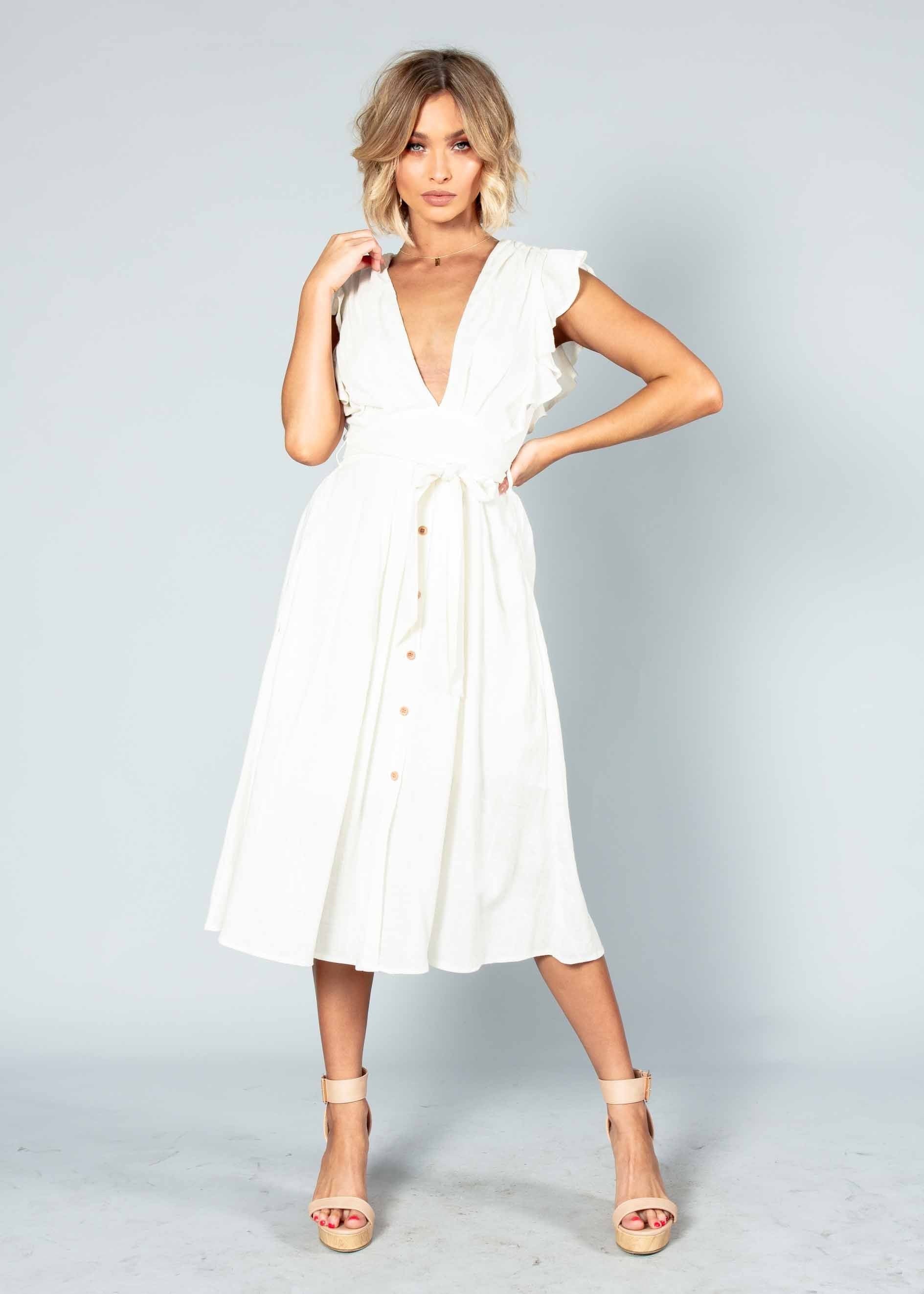 Raegan Linen Midi Dress w/ Tie - White