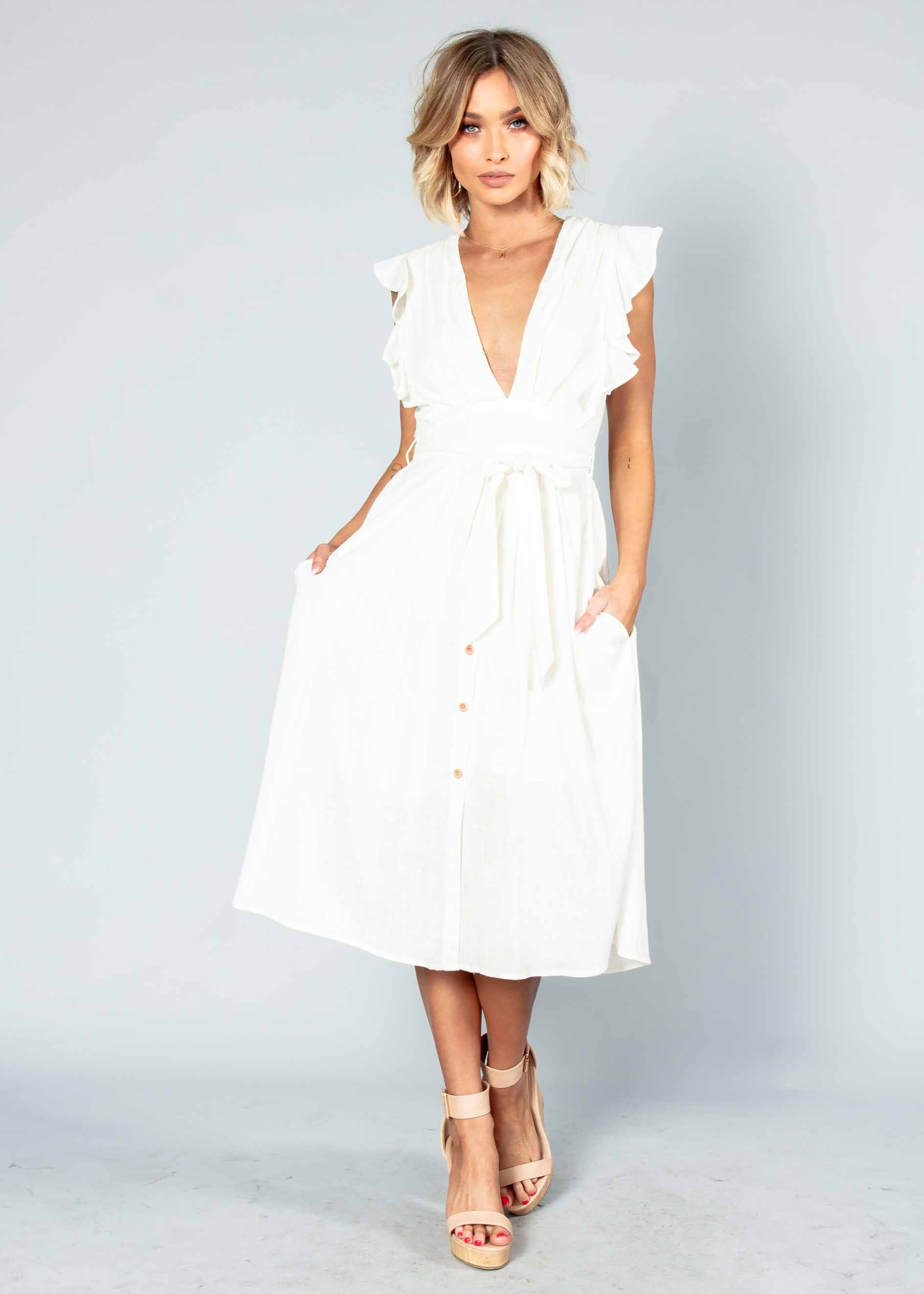 Raegan Linen Midi Dress w/ Tie - White