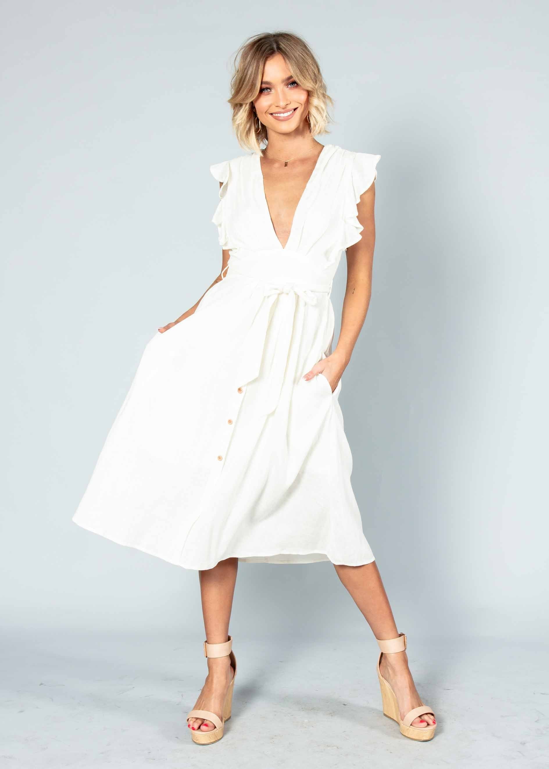 Raegan Linen Midi Dress w/ Tie - White