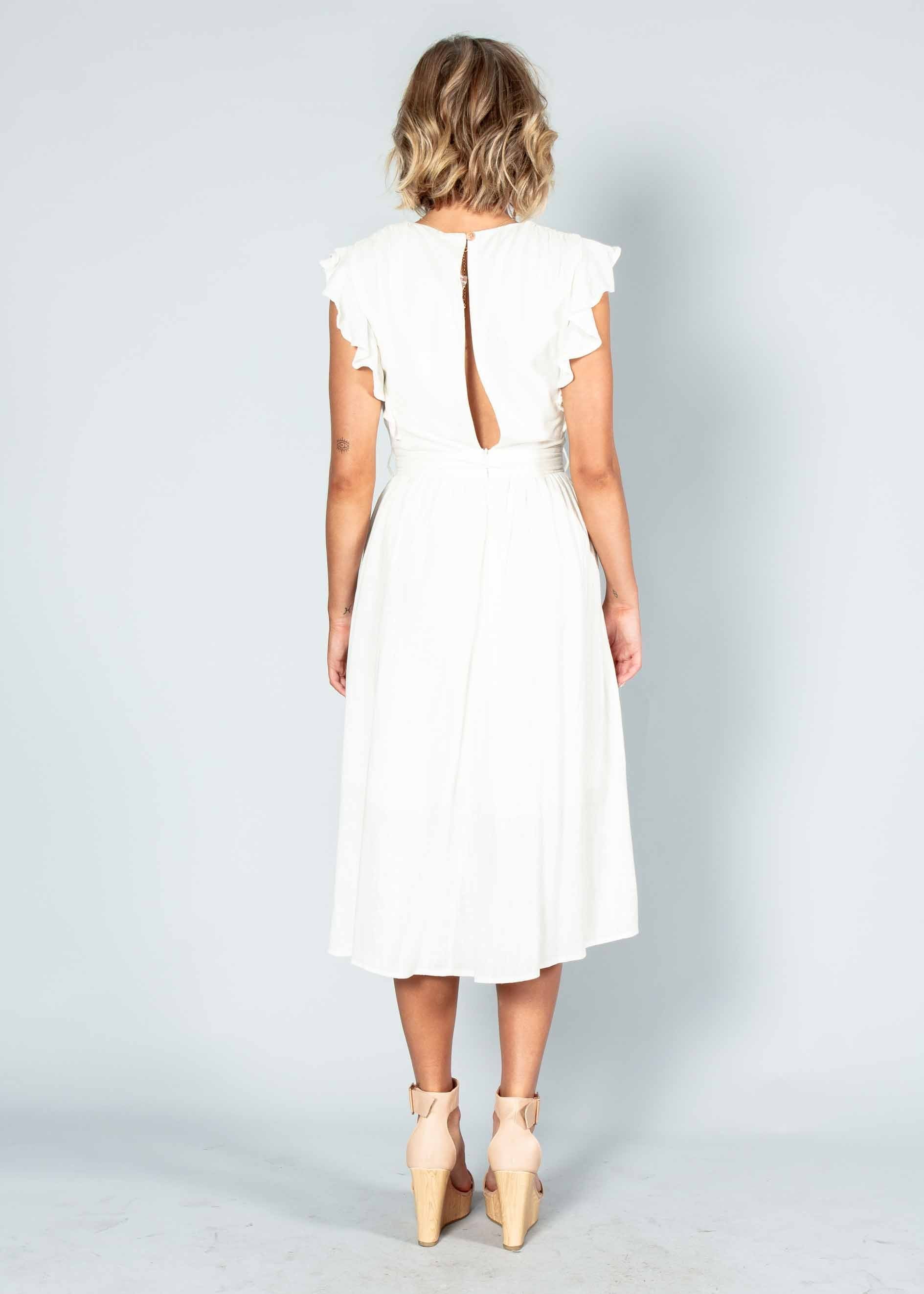 Raegan Linen Midi Dress w/ Tie - White