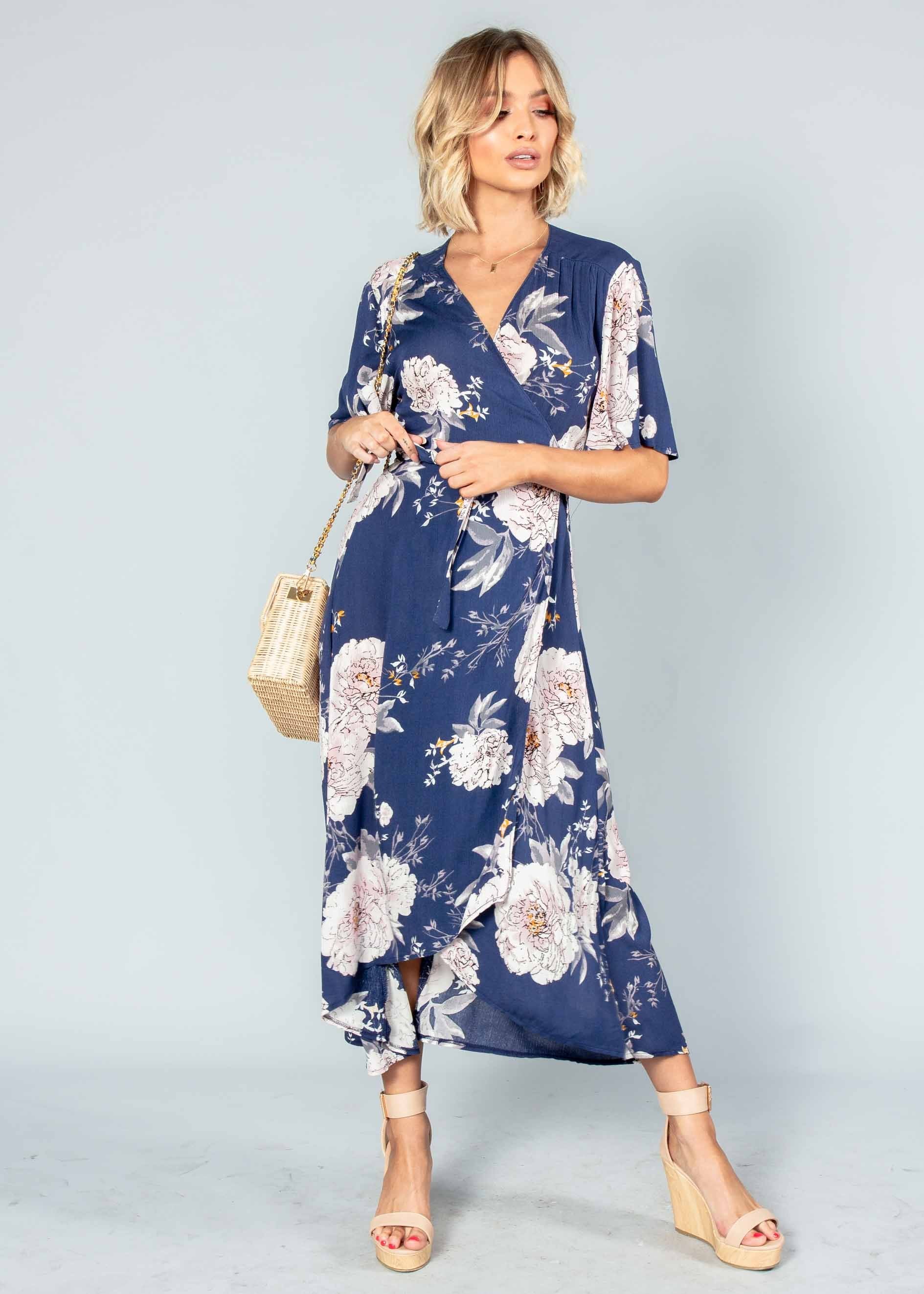 Born This Way Midi Wrap Dress - Navy Floral
