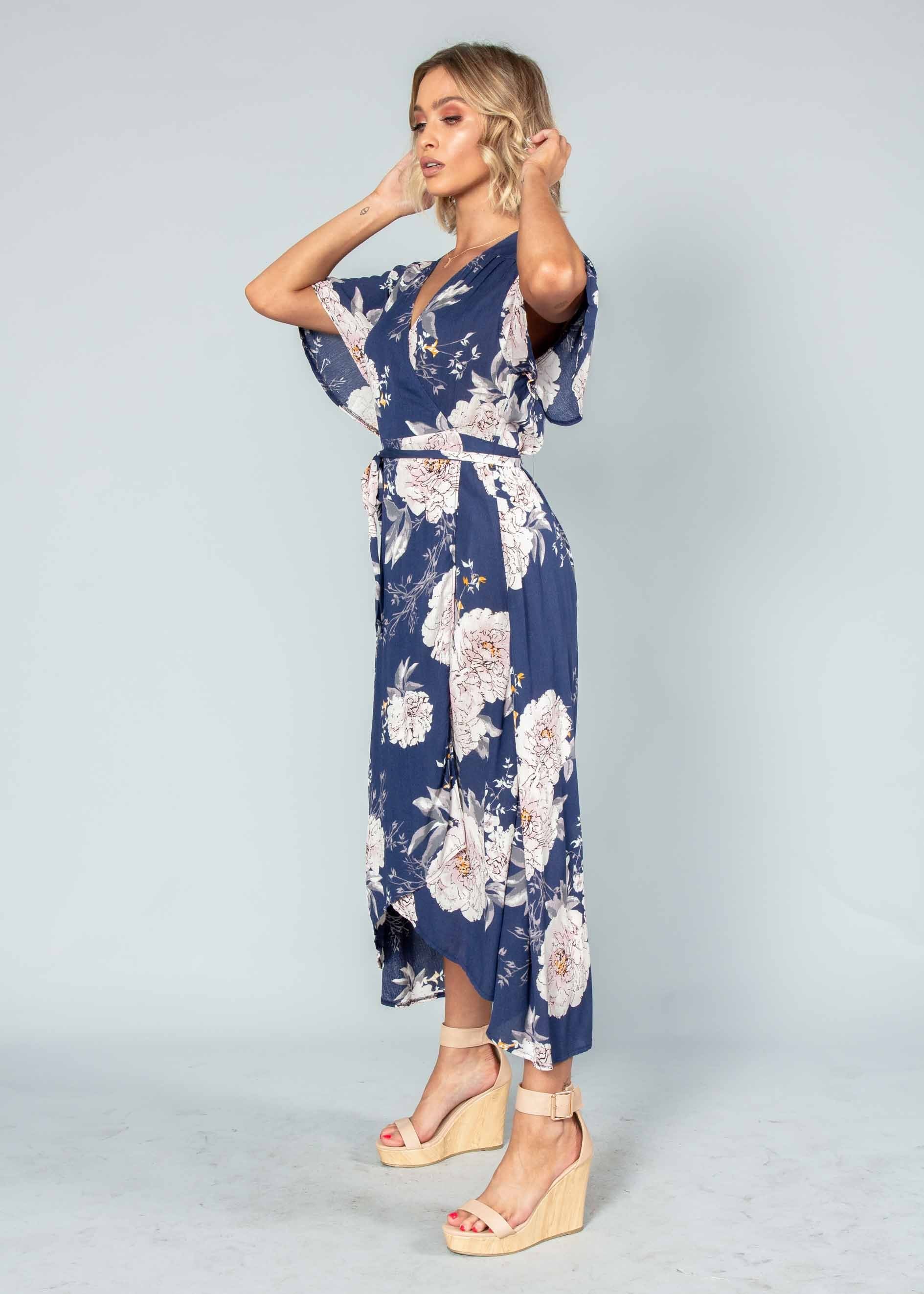 Born This Way Midi Wrap Dress - Navy Floral