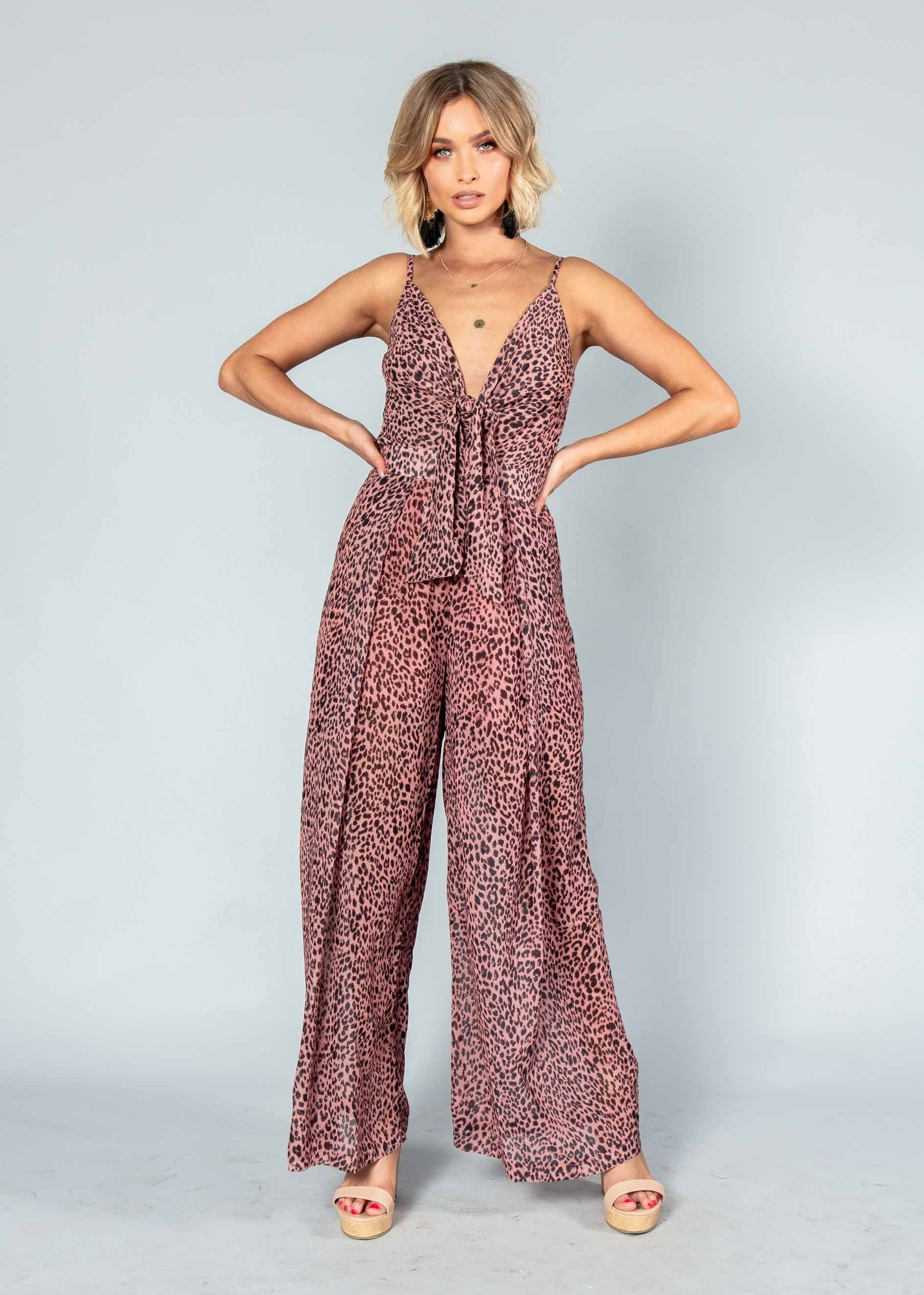 Baylee Tie Pantsuit - Dark Rose Leopard