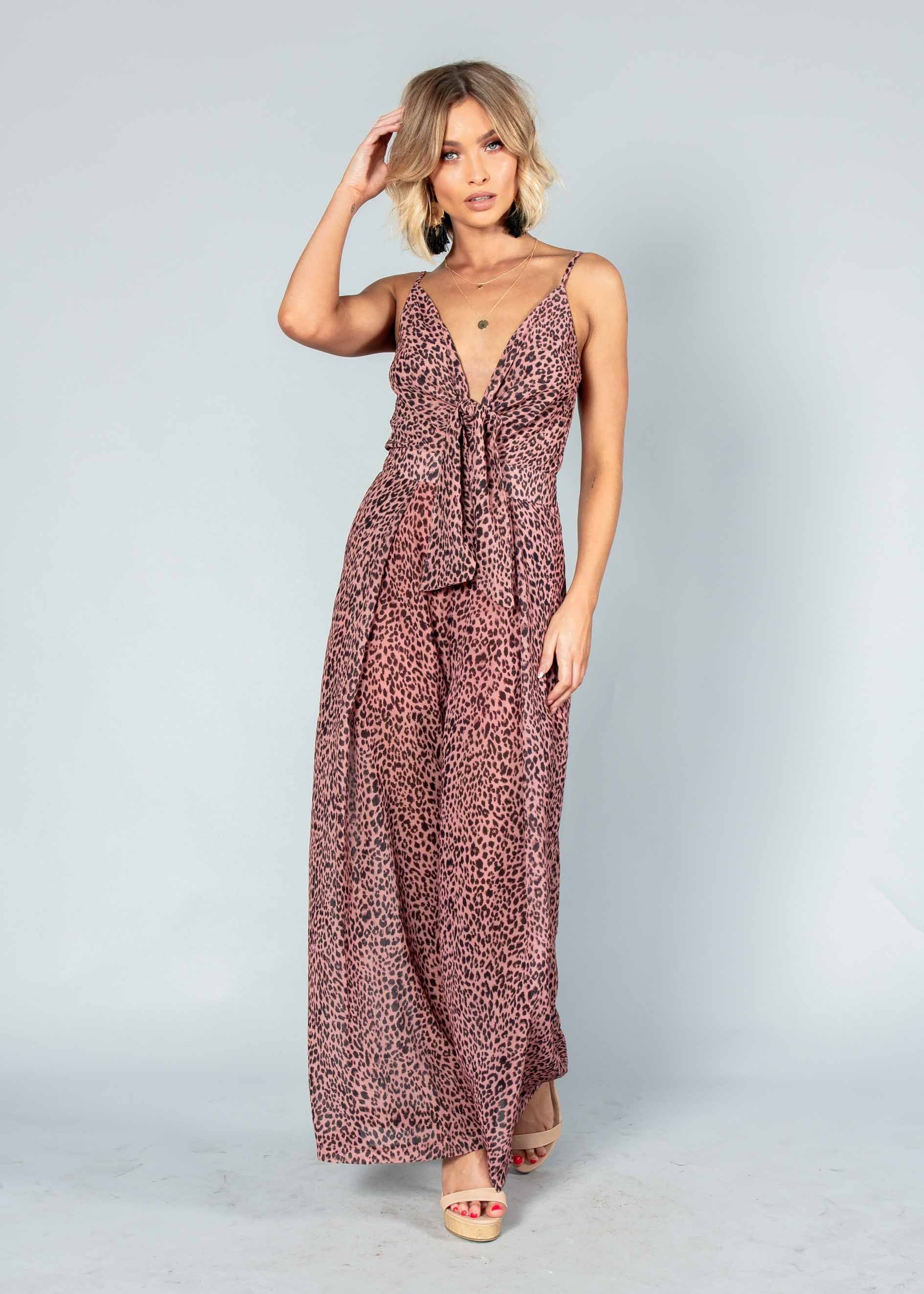 Baylee Tie Pantsuit - Dark Rose Leopard