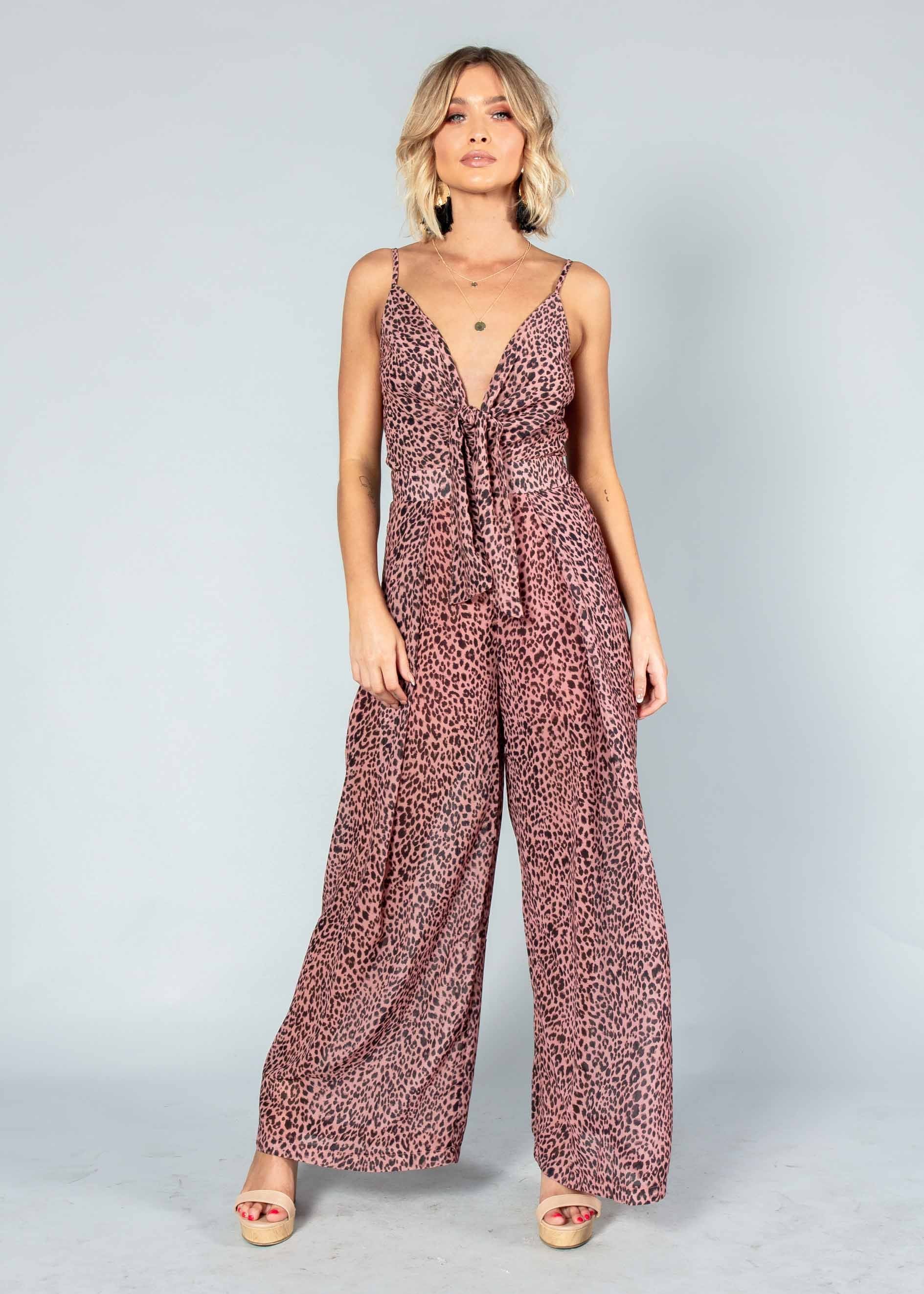 Baylee Tie Pantsuit - Dark Rose Leopard