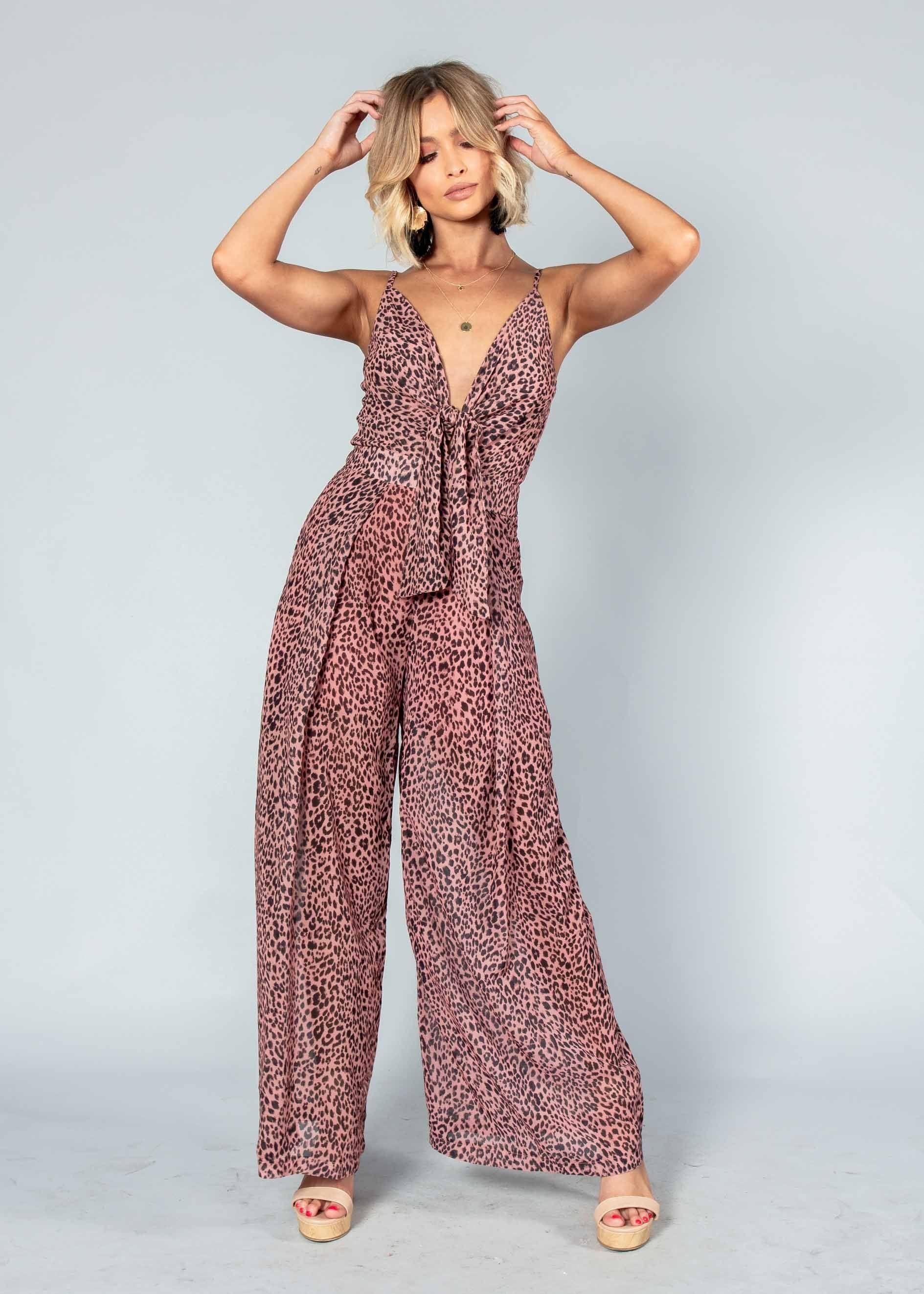 Baylee Tie Pantsuit - Dark Rose Leopard