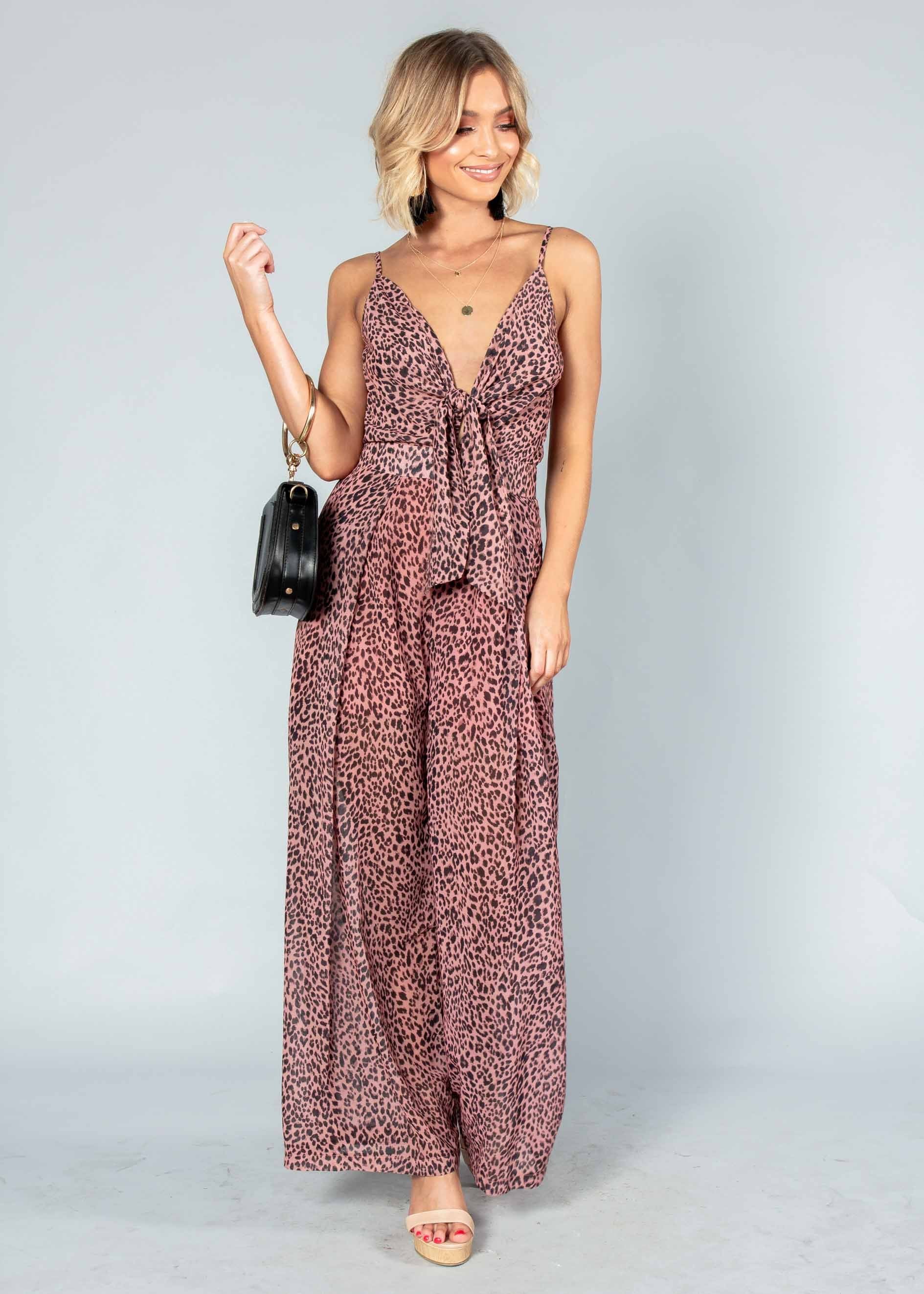 Baylee Tie Pantsuit - Dark Rose Leopard