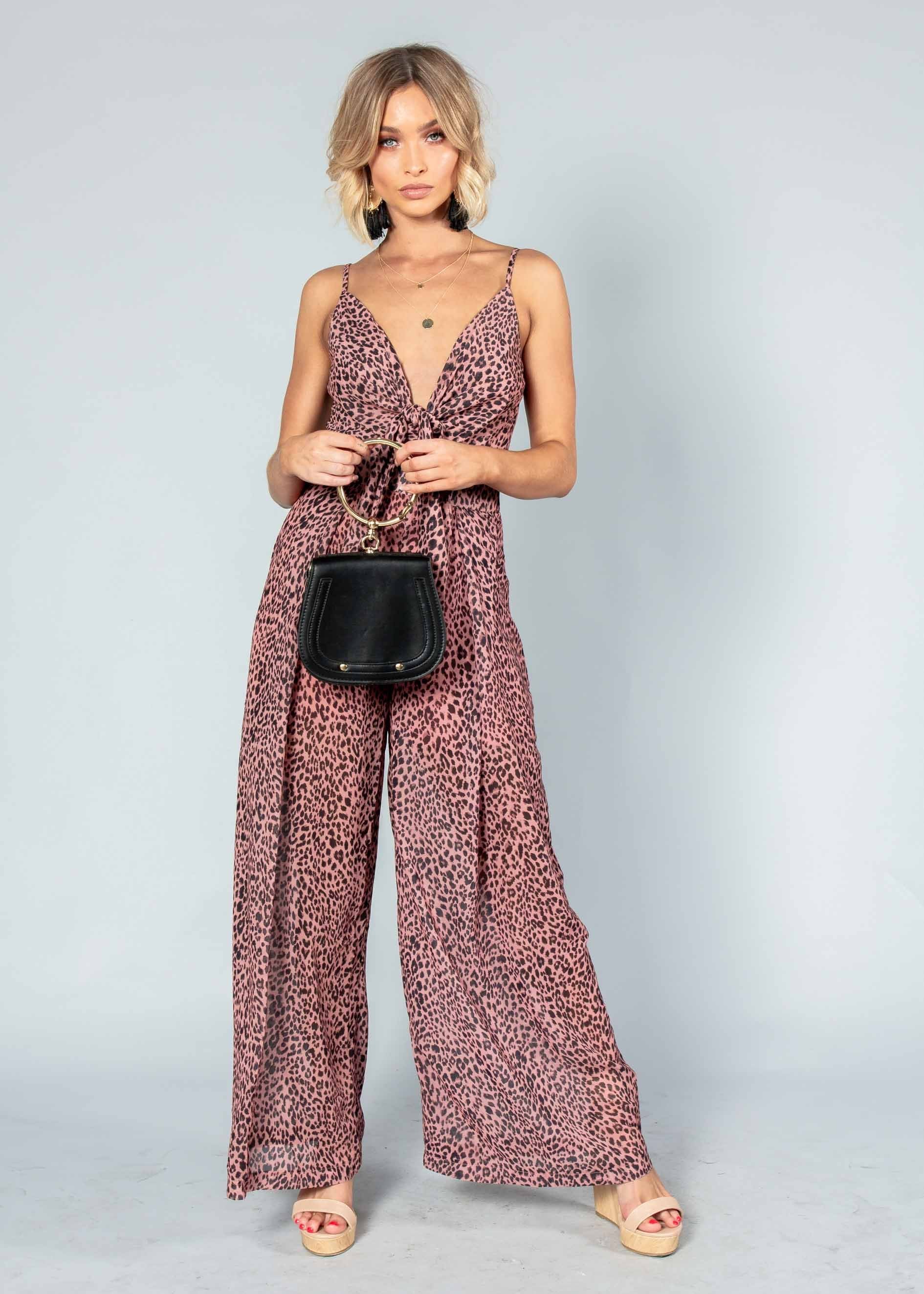 Baylee Tie Pantsuit - Dark Rose Leopard