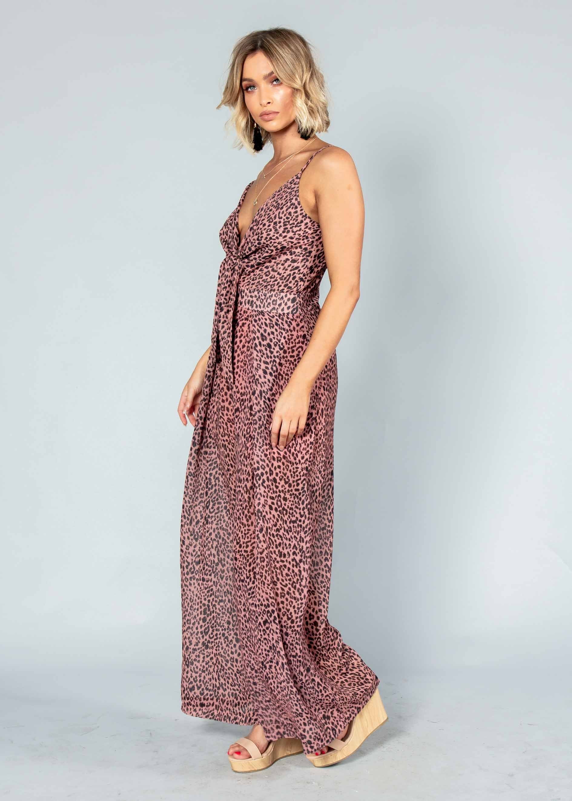 Baylee Tie Pantsuit - Dark Rose Leopard
