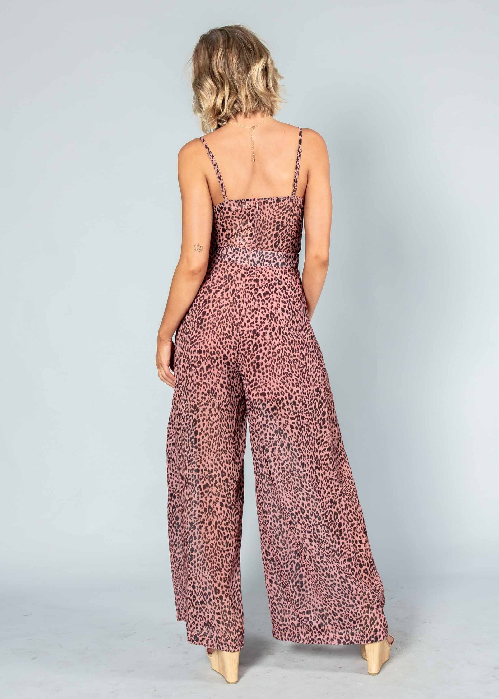 Baylee Tie Pantsuit - Dark Rose Leopard