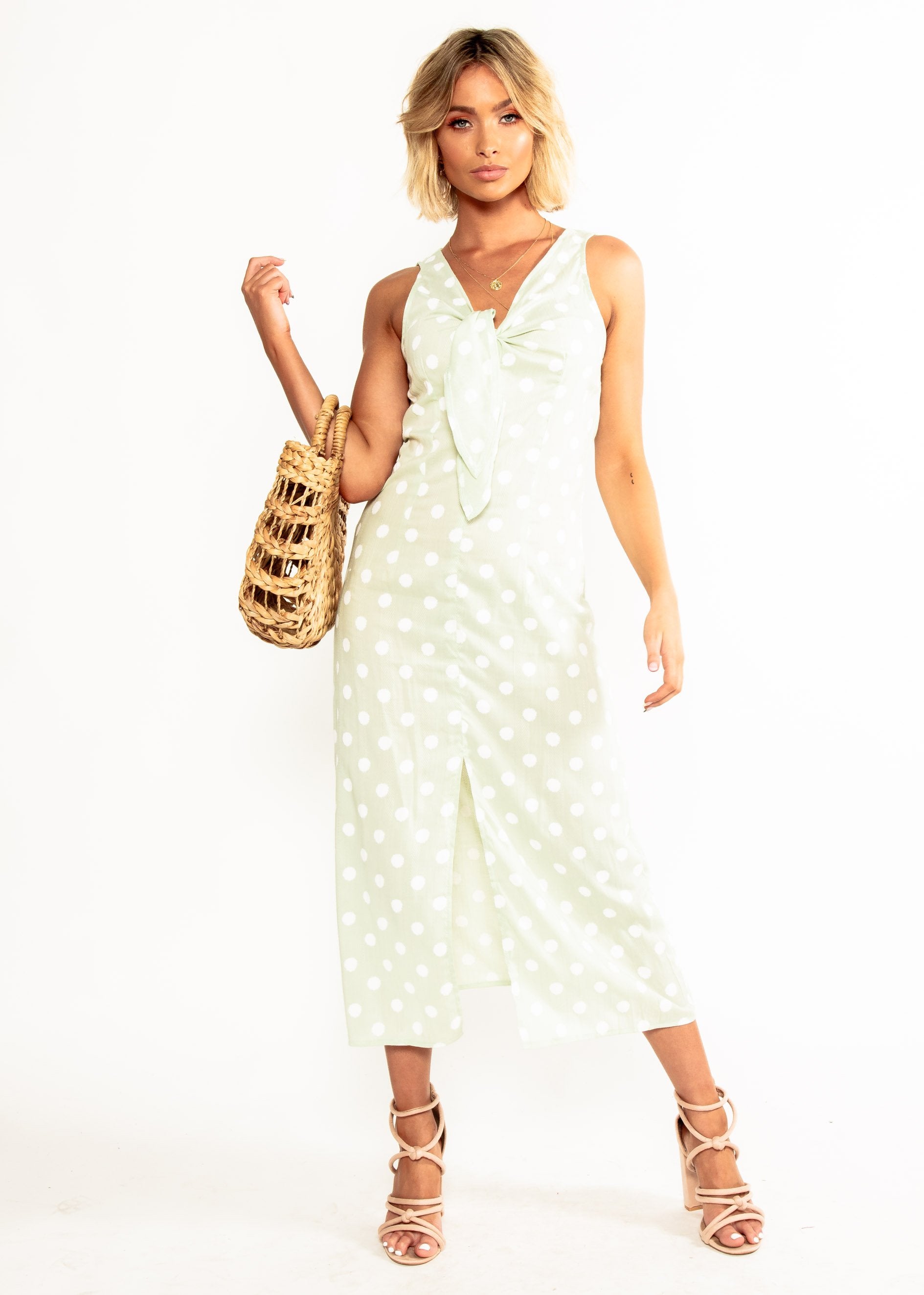 One Of a Kind Midi Dress - Mint Polka