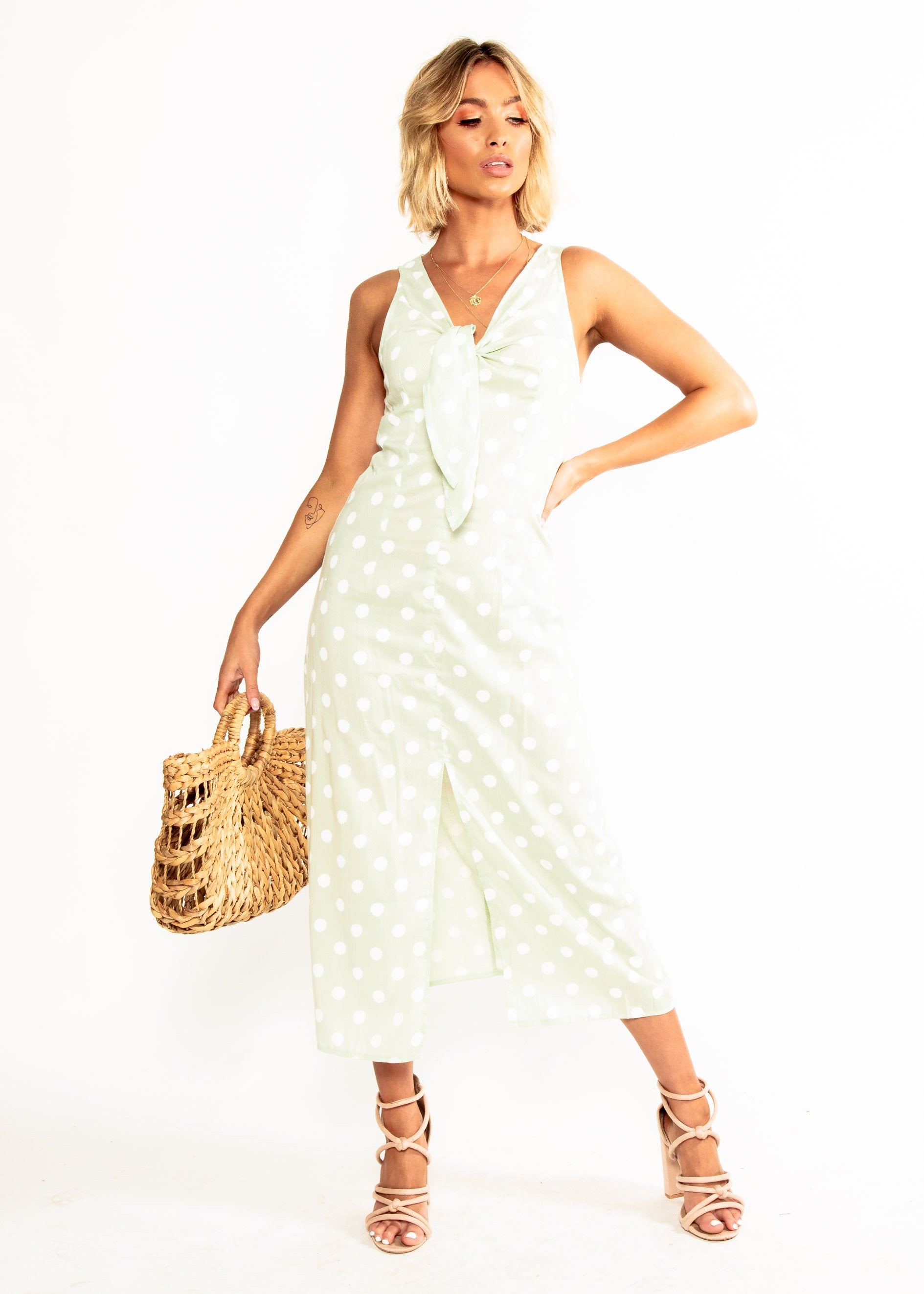 One Of a Kind Midi Dress - Mint Polka