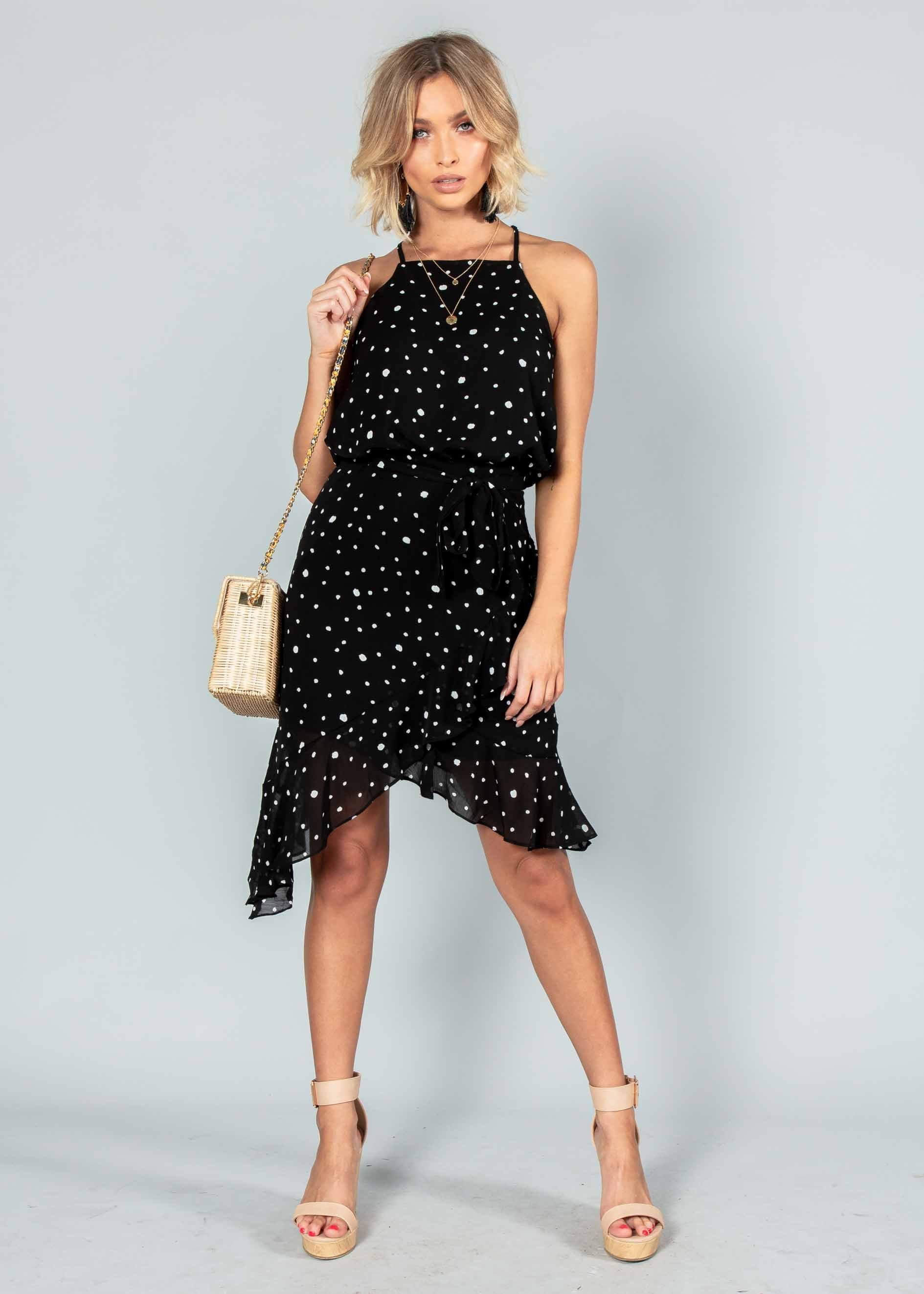 Thalia Dress w/ Tie - Black Spot