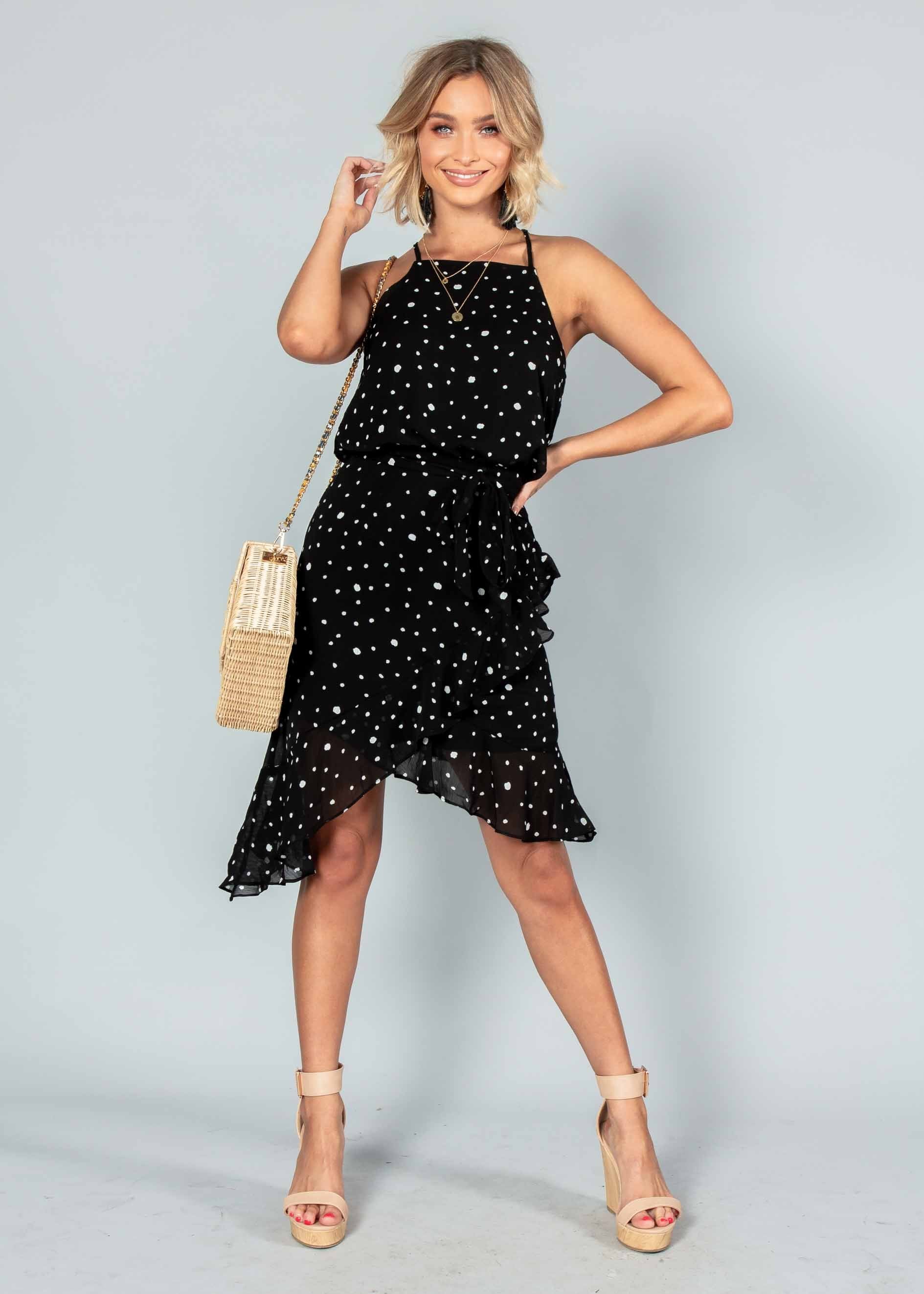 Thalia Dress w/ Tie - Black Spot