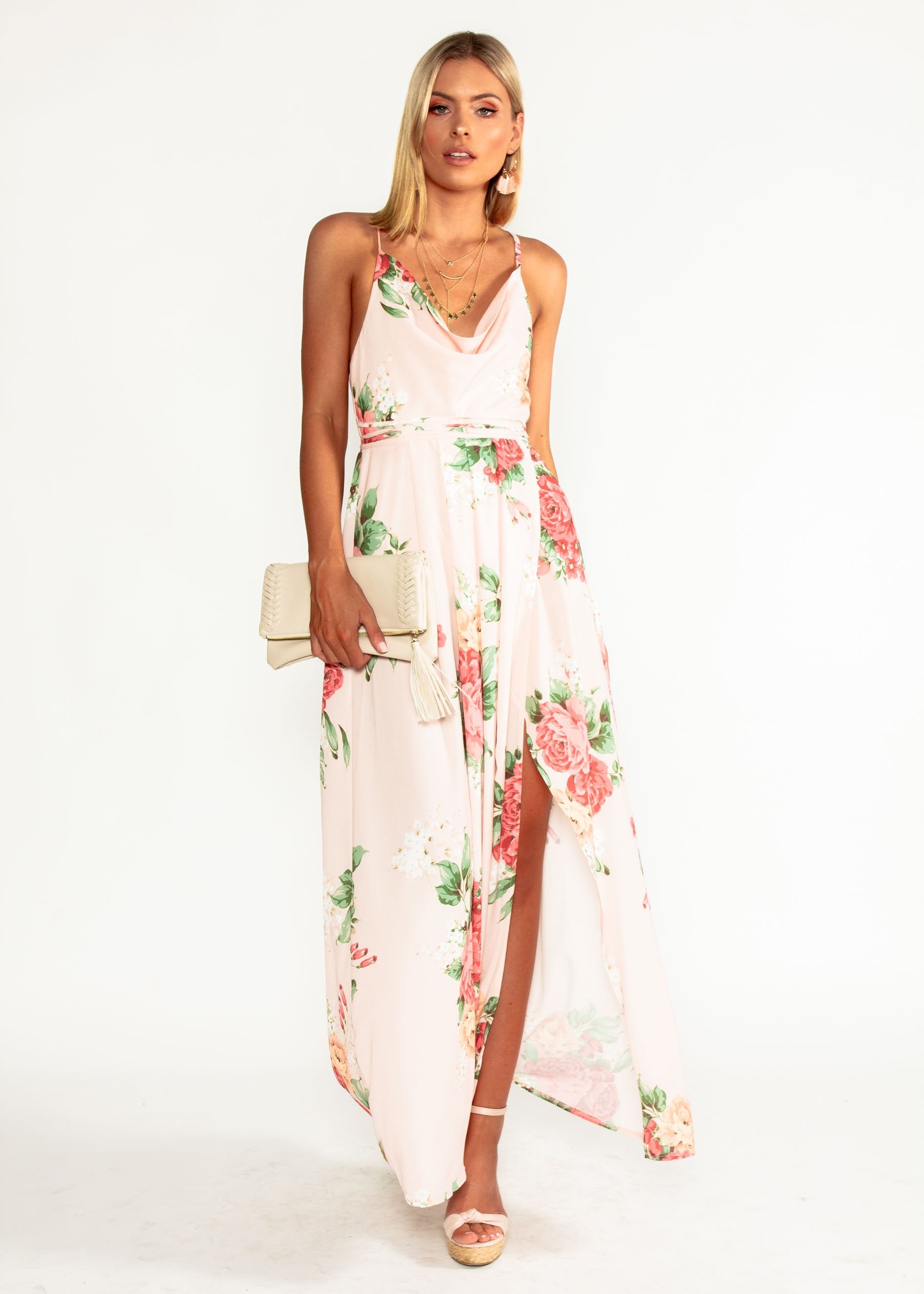 Sienna Halter Maxi Dress - Peach Floral