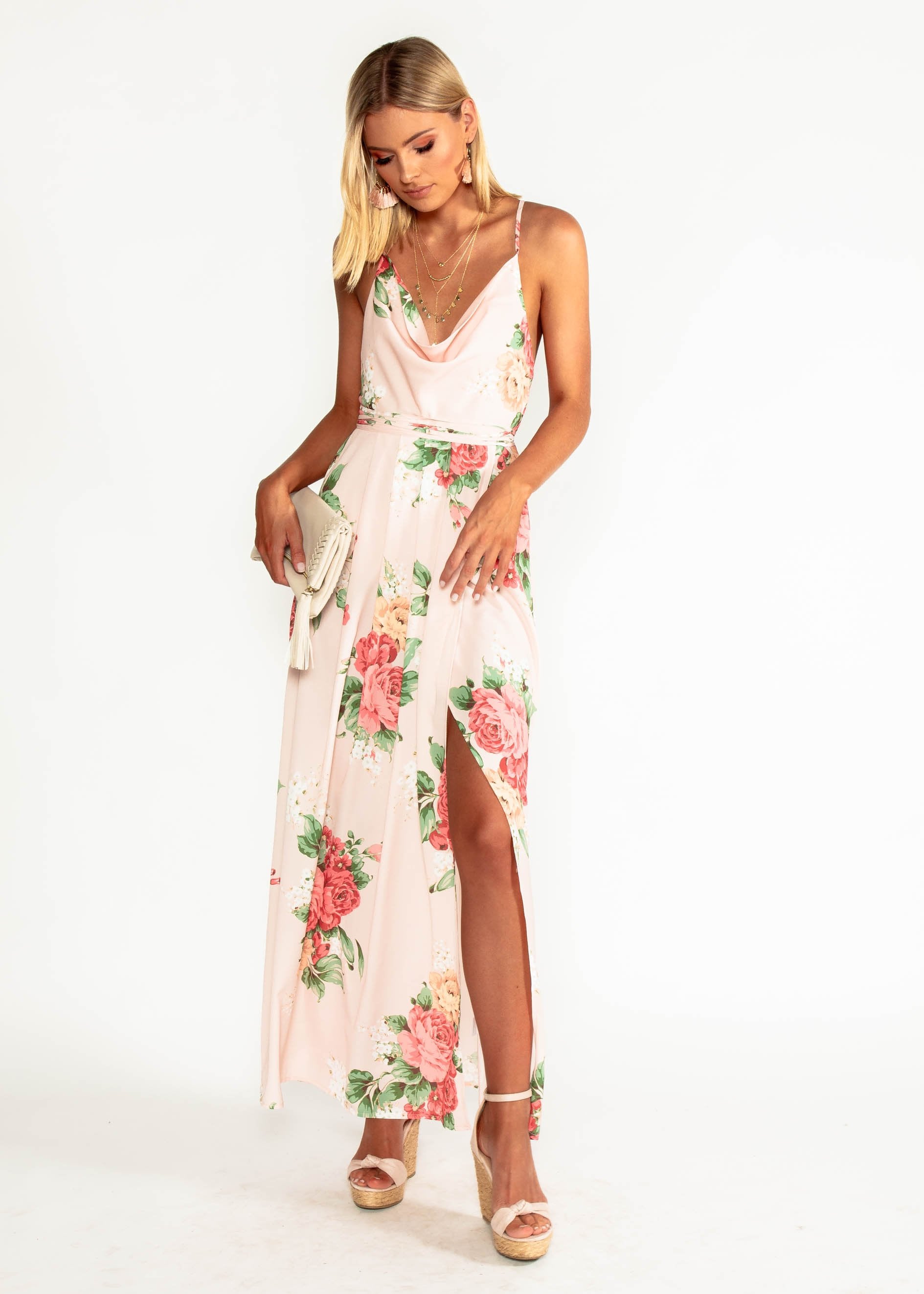 Sienna Halter Maxi Dress - Peach Floral
