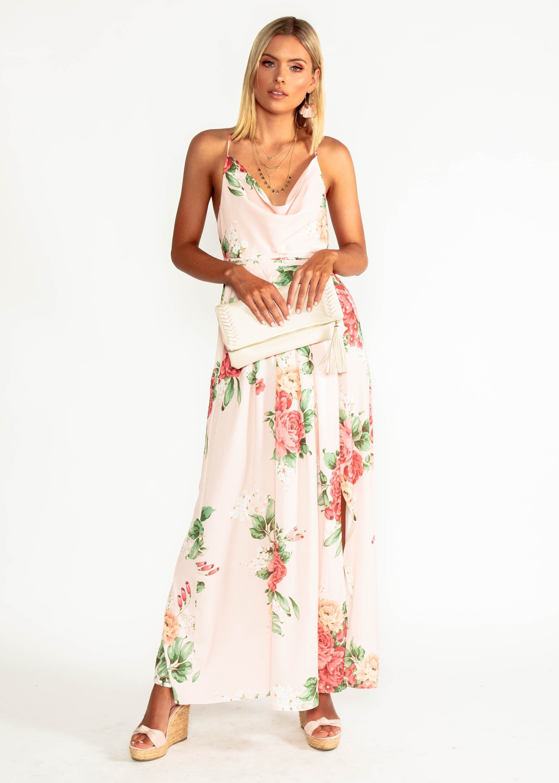 Sienna Halter Maxi Dress - Peach Floral