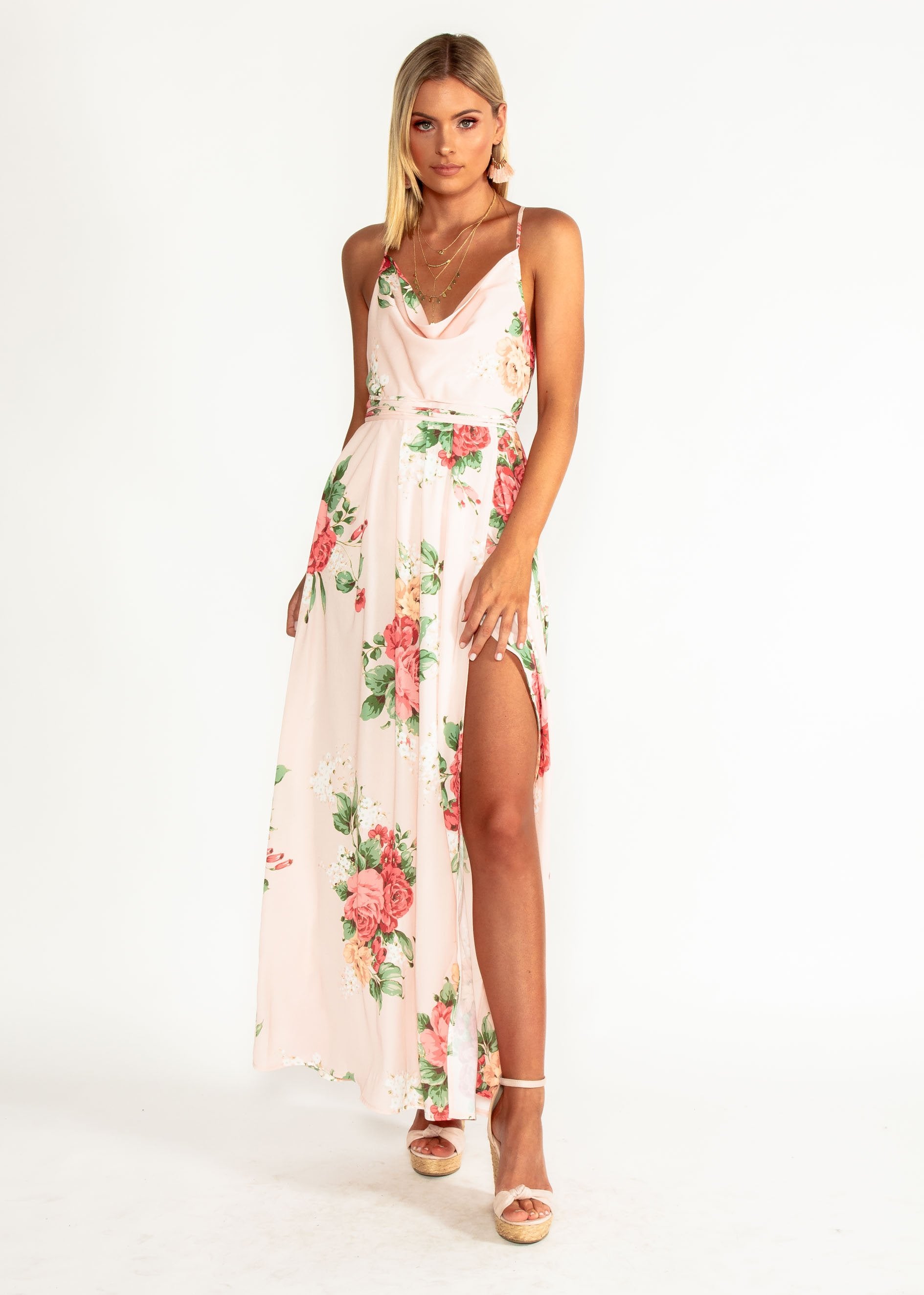 Sienna Halter Maxi Dress - Peach Floral