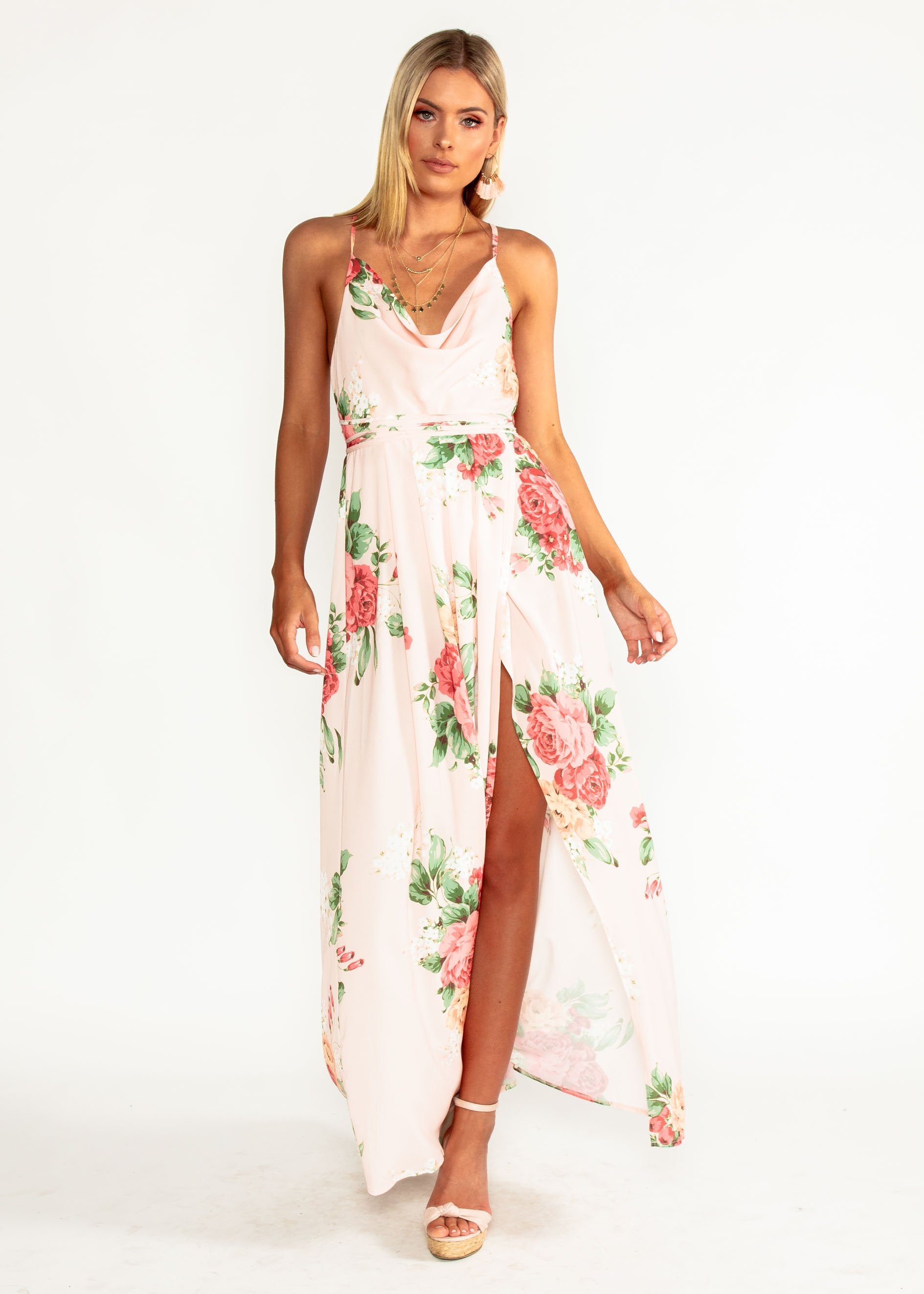Sienna Halter Maxi Dress - Peach Floral