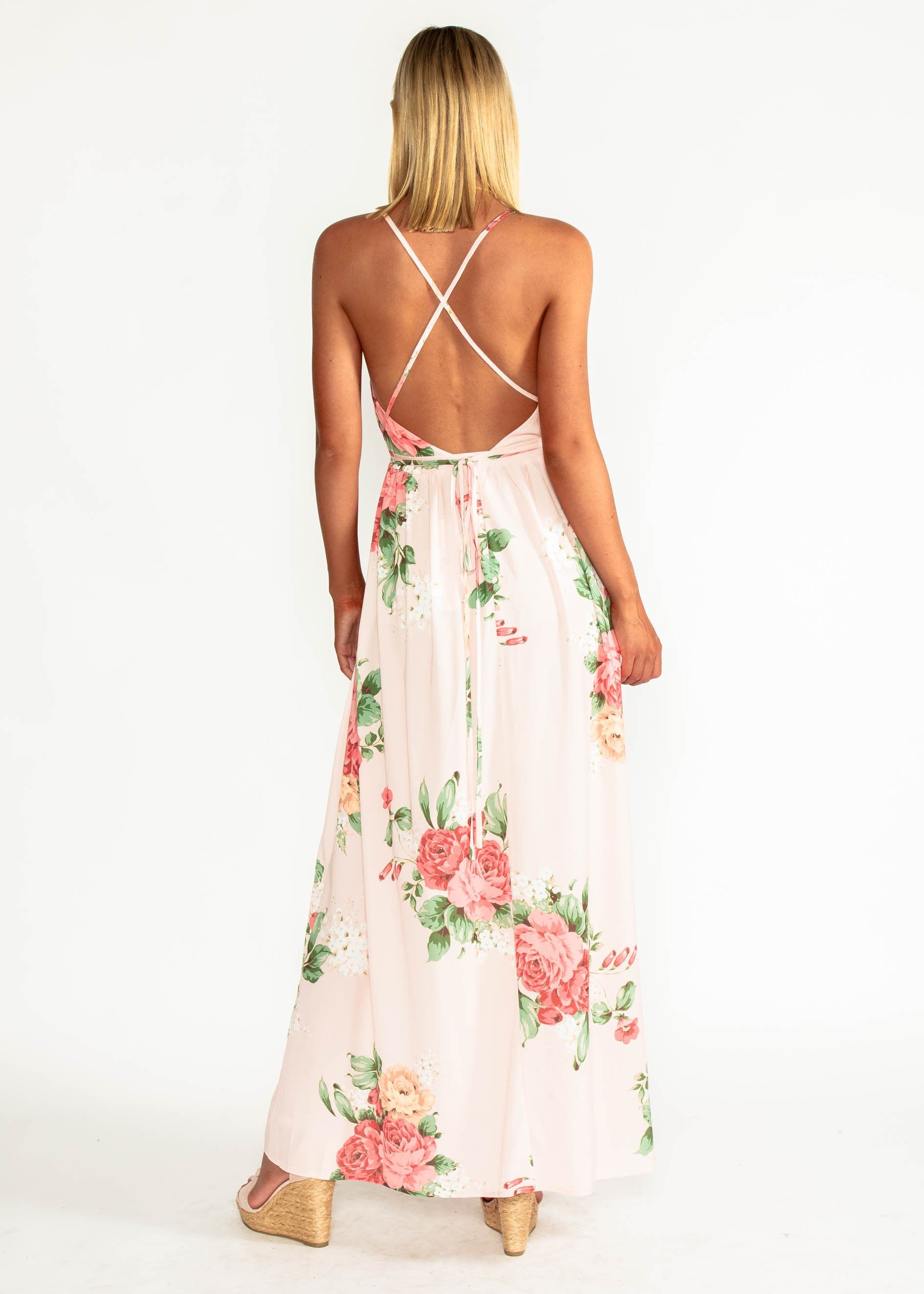 Sienna Halter Maxi Dress - Peach Floral
