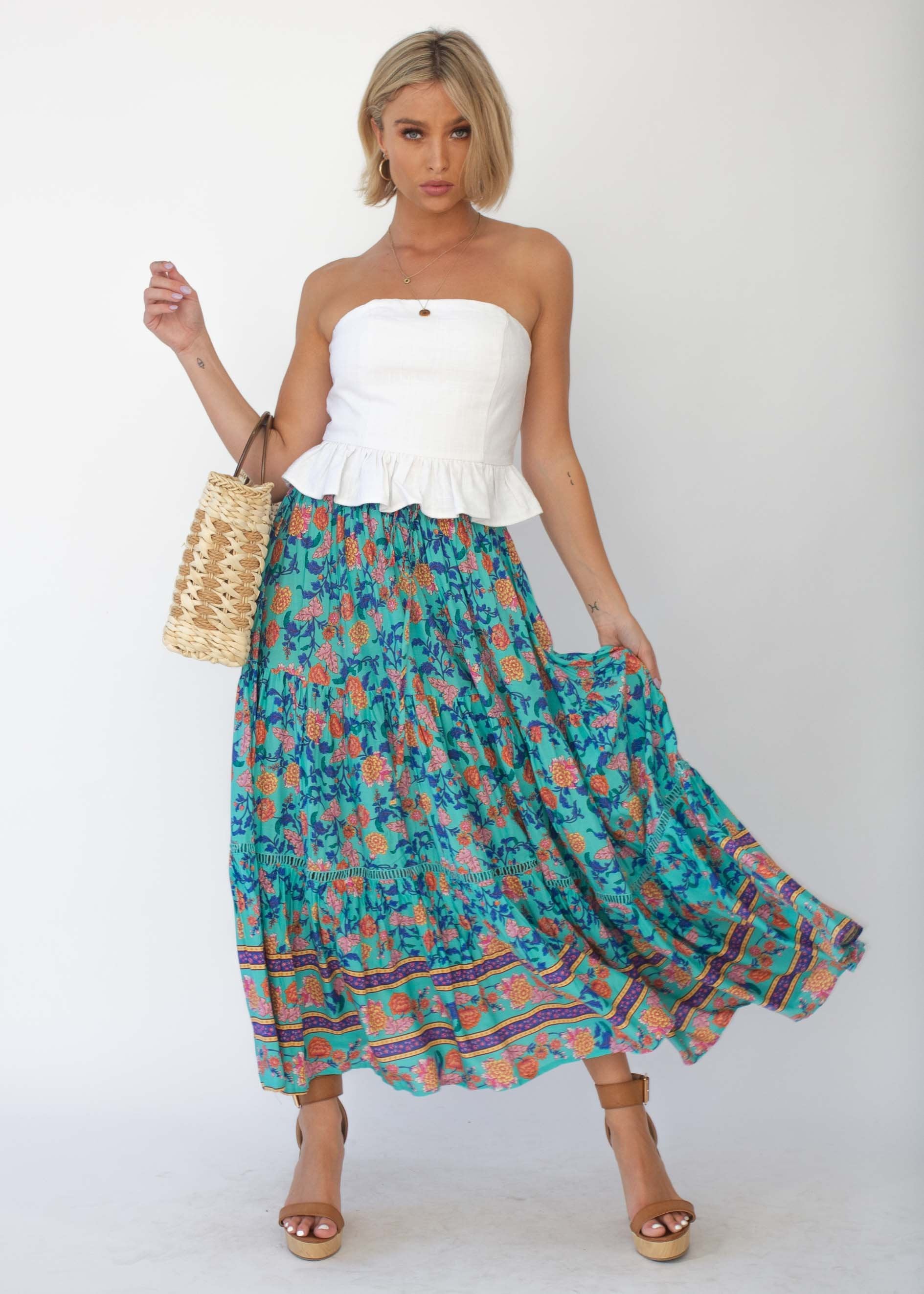 Josie Midi Skirt - Teal Garden