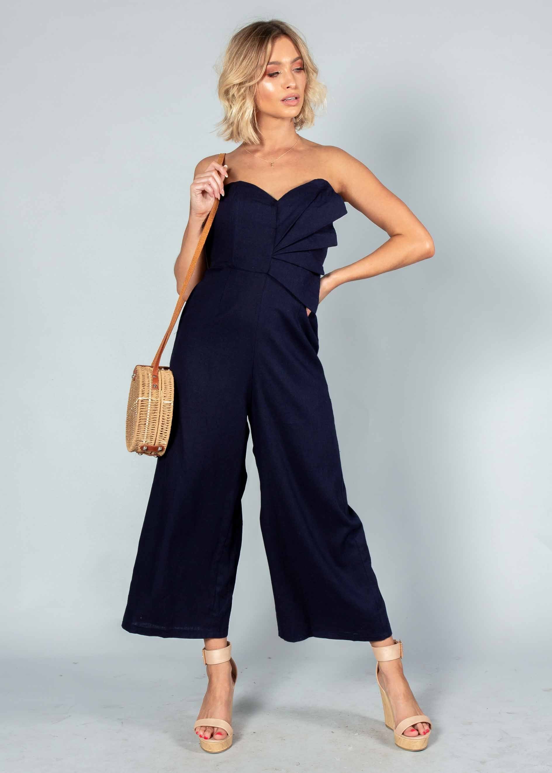 Rapid Fire Linen Strapless Pantsuit - Navy