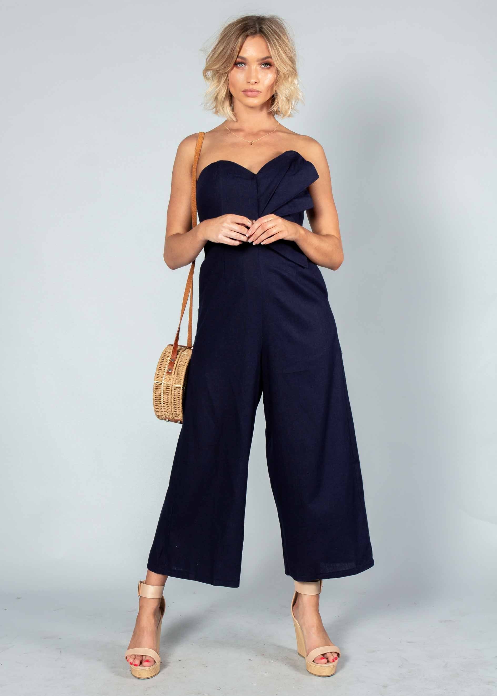 Rapid Fire Linen Strapless Pantsuit - Navy