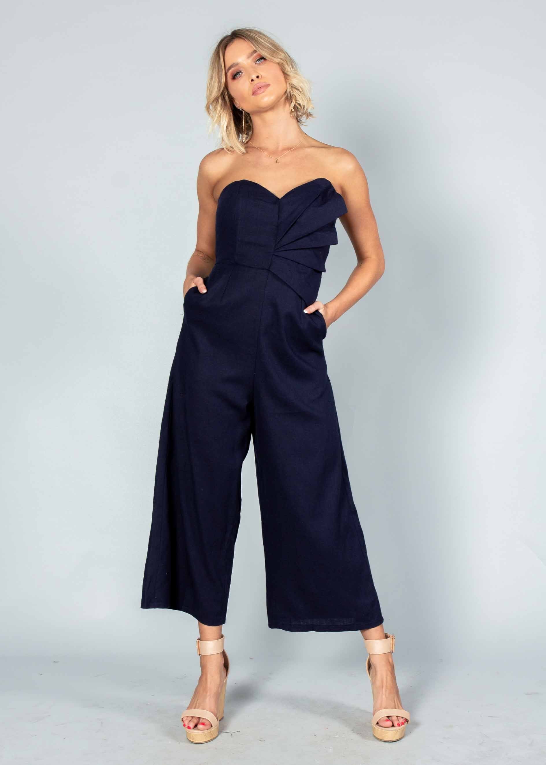 Rapid Fire Linen Strapless Pantsuit - Navy