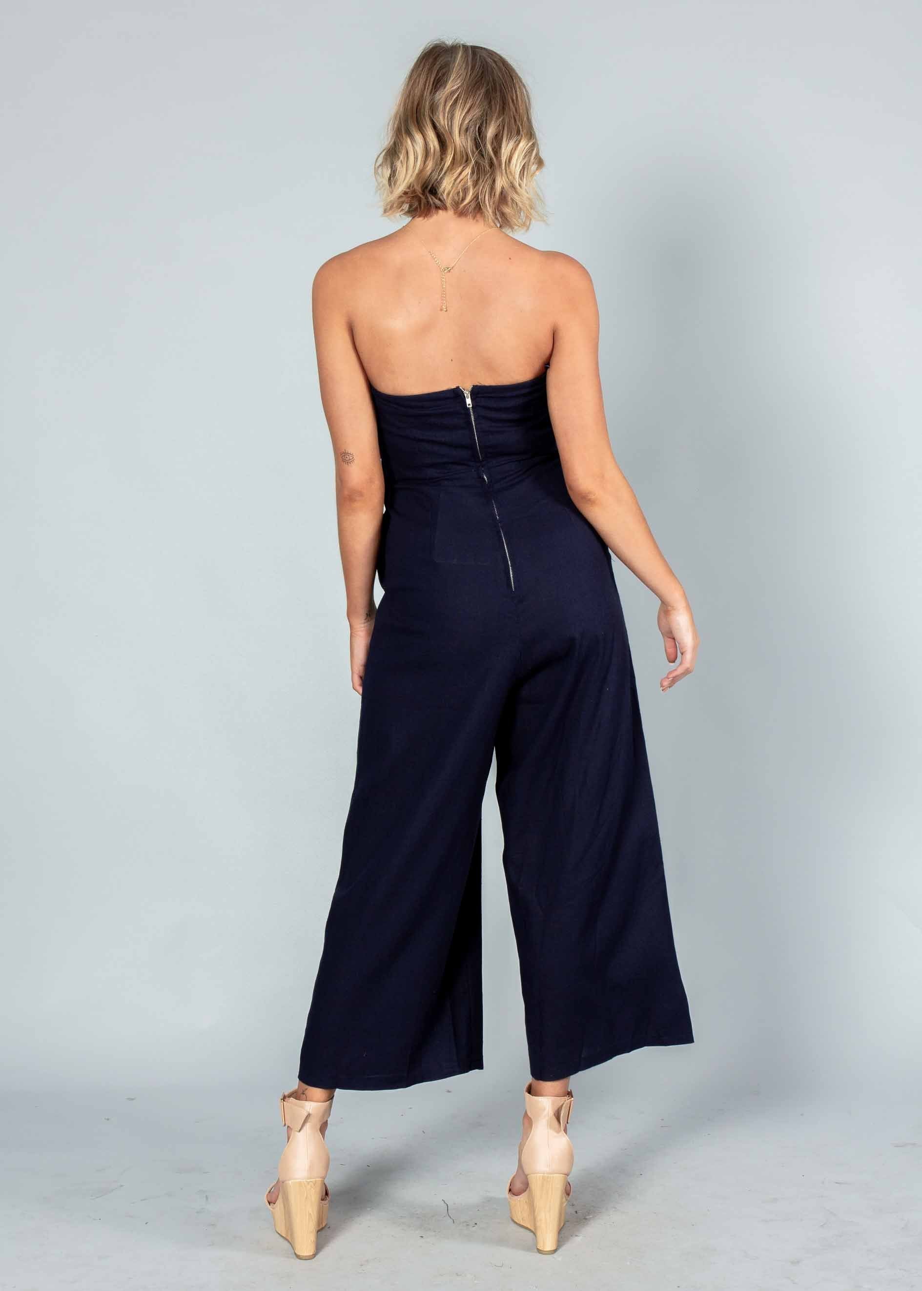 Rapid Fire Linen Strapless Pantsuit - Navy