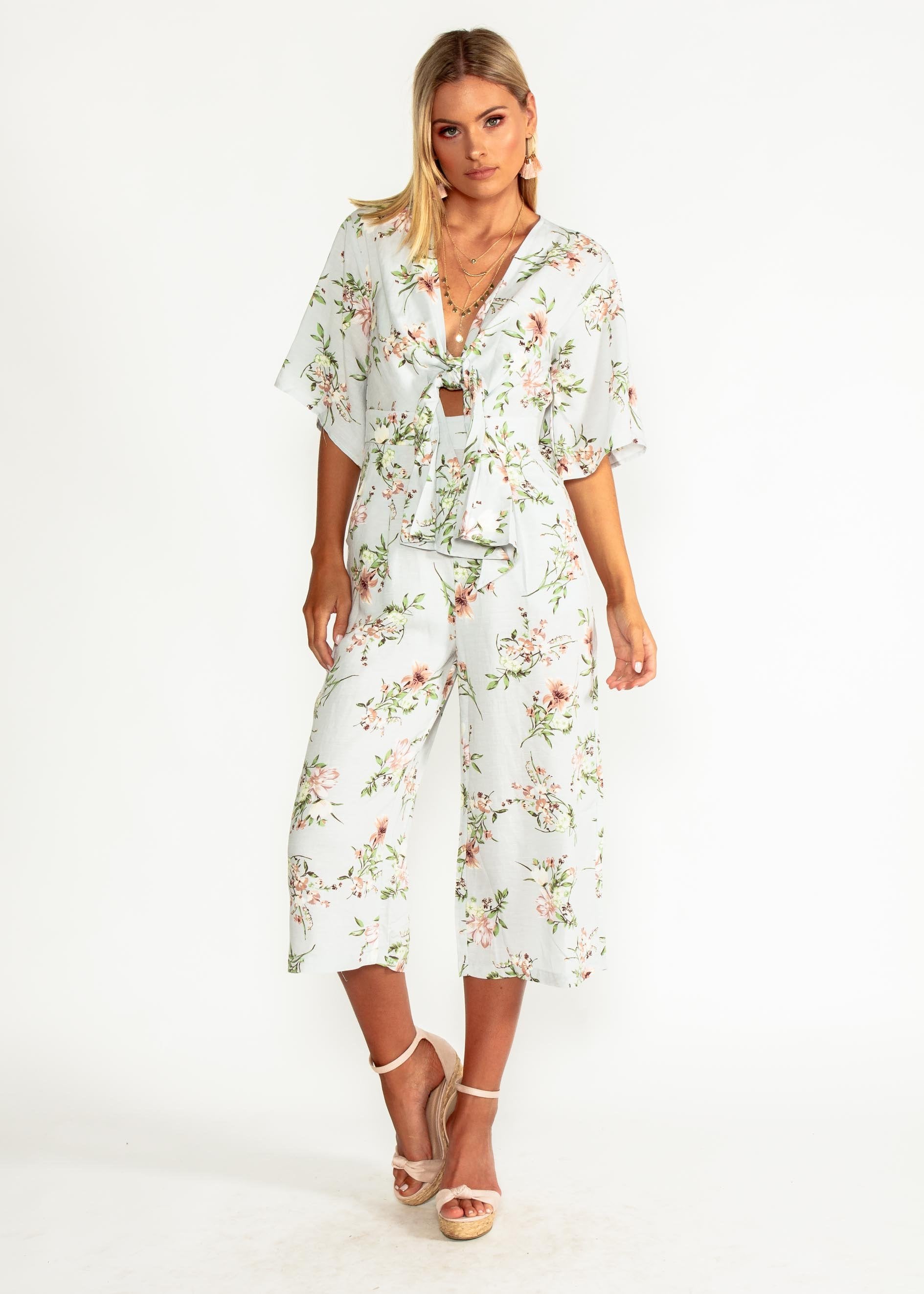 Aleia Tie Linen Pantsuit - Blue Floral