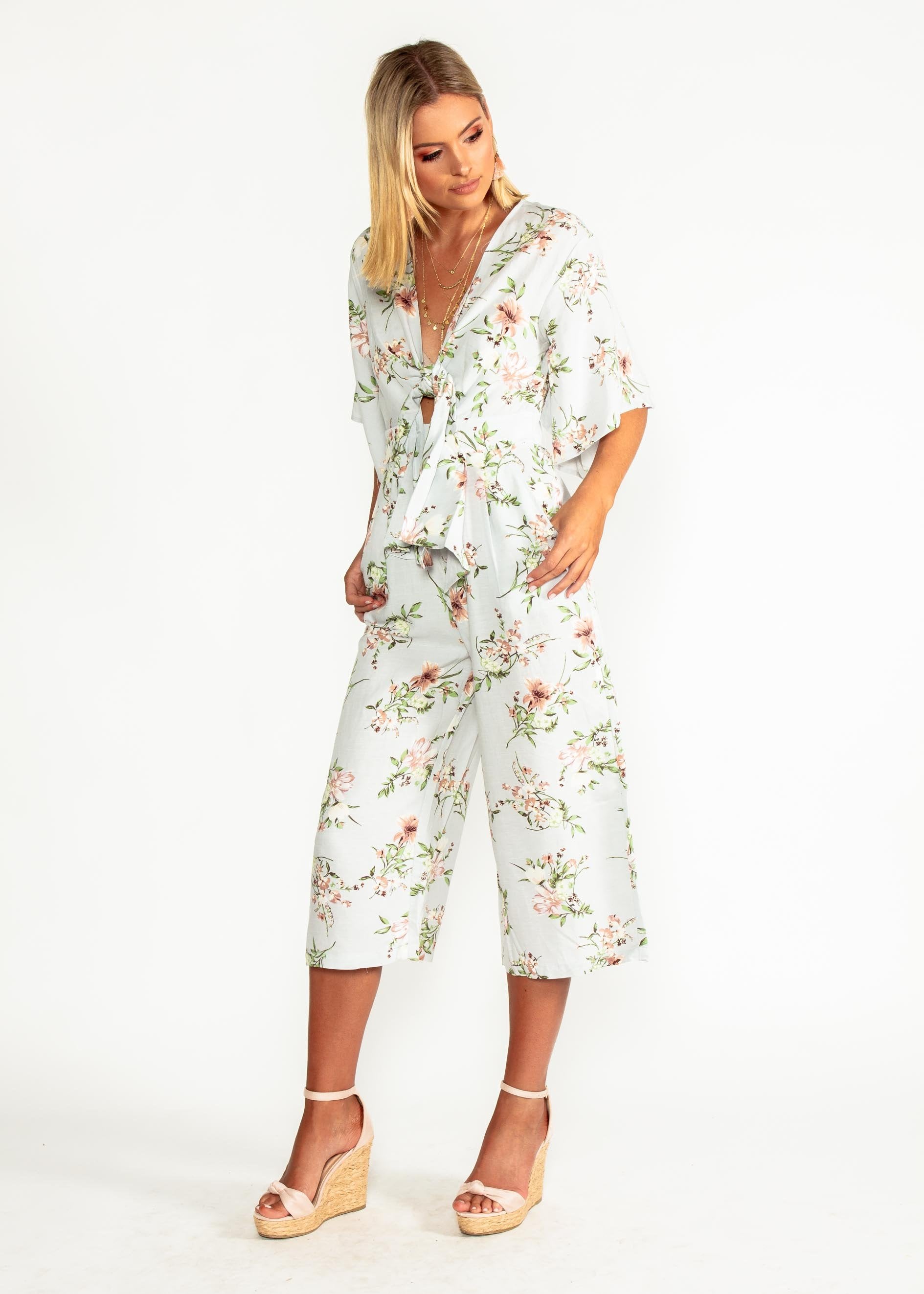 Aleia Tie Linen Pantsuit - Blue Floral