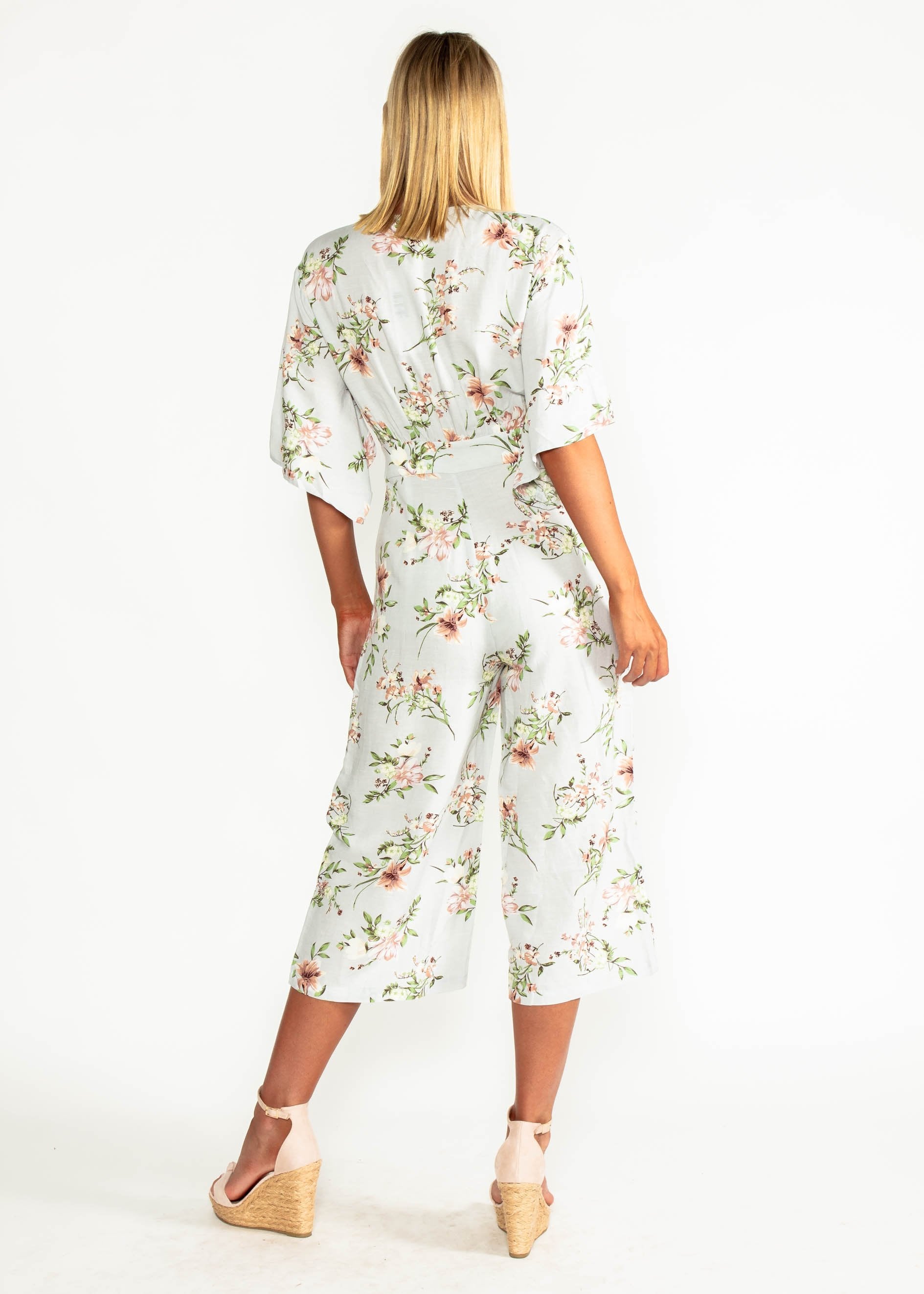 Aleia Tie Linen Pantsuit - Blue Floral