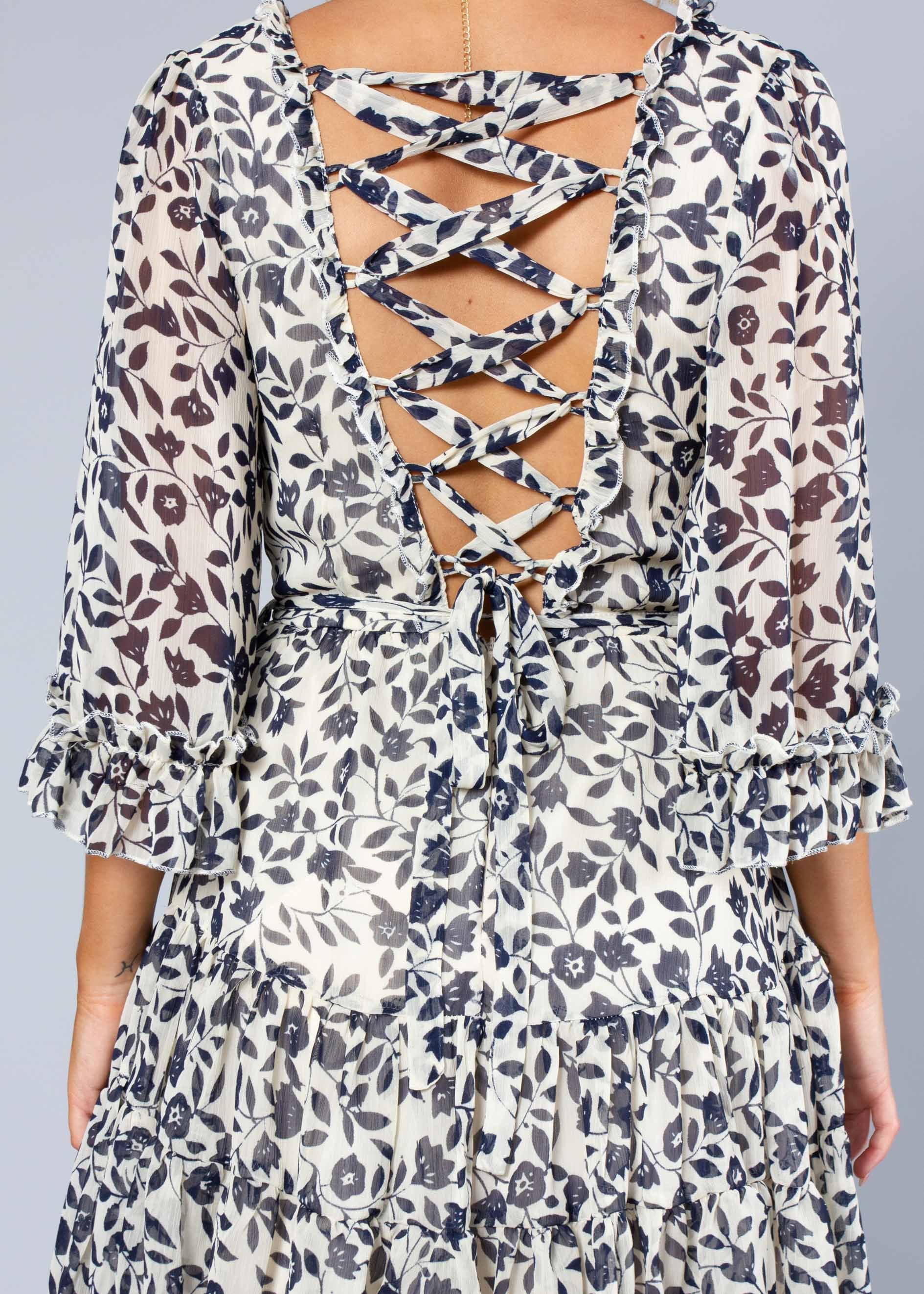 Xena Dress w/ Tie - Navy Floral