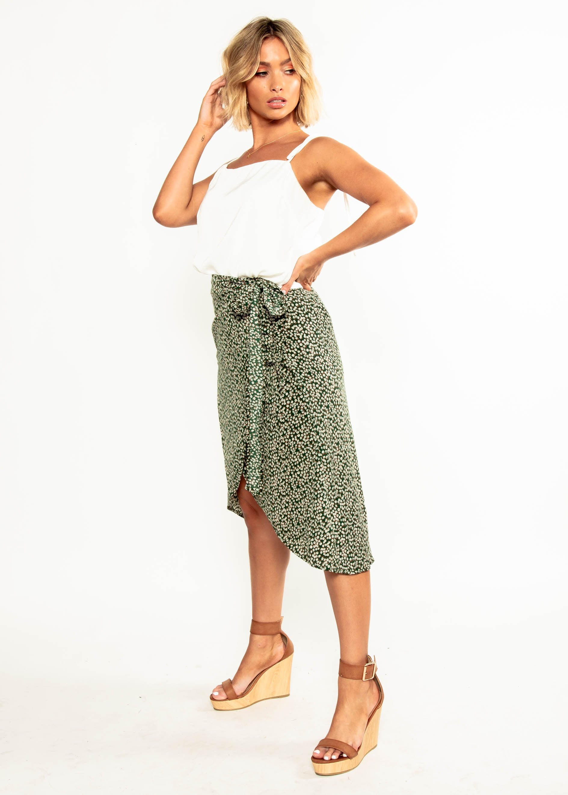 Bold Love Midi Wrap Skirt - Green Floral