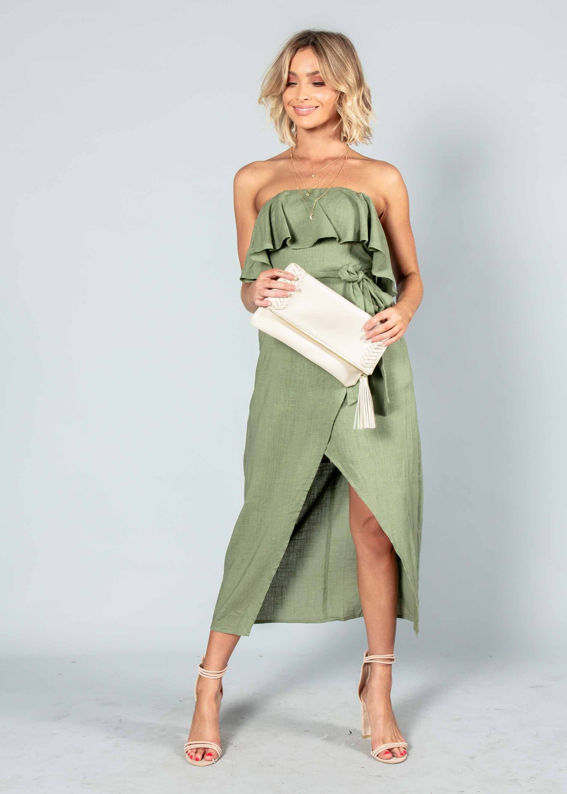 Quinn Strapless Midi Dress w/ Tie - Khaki
