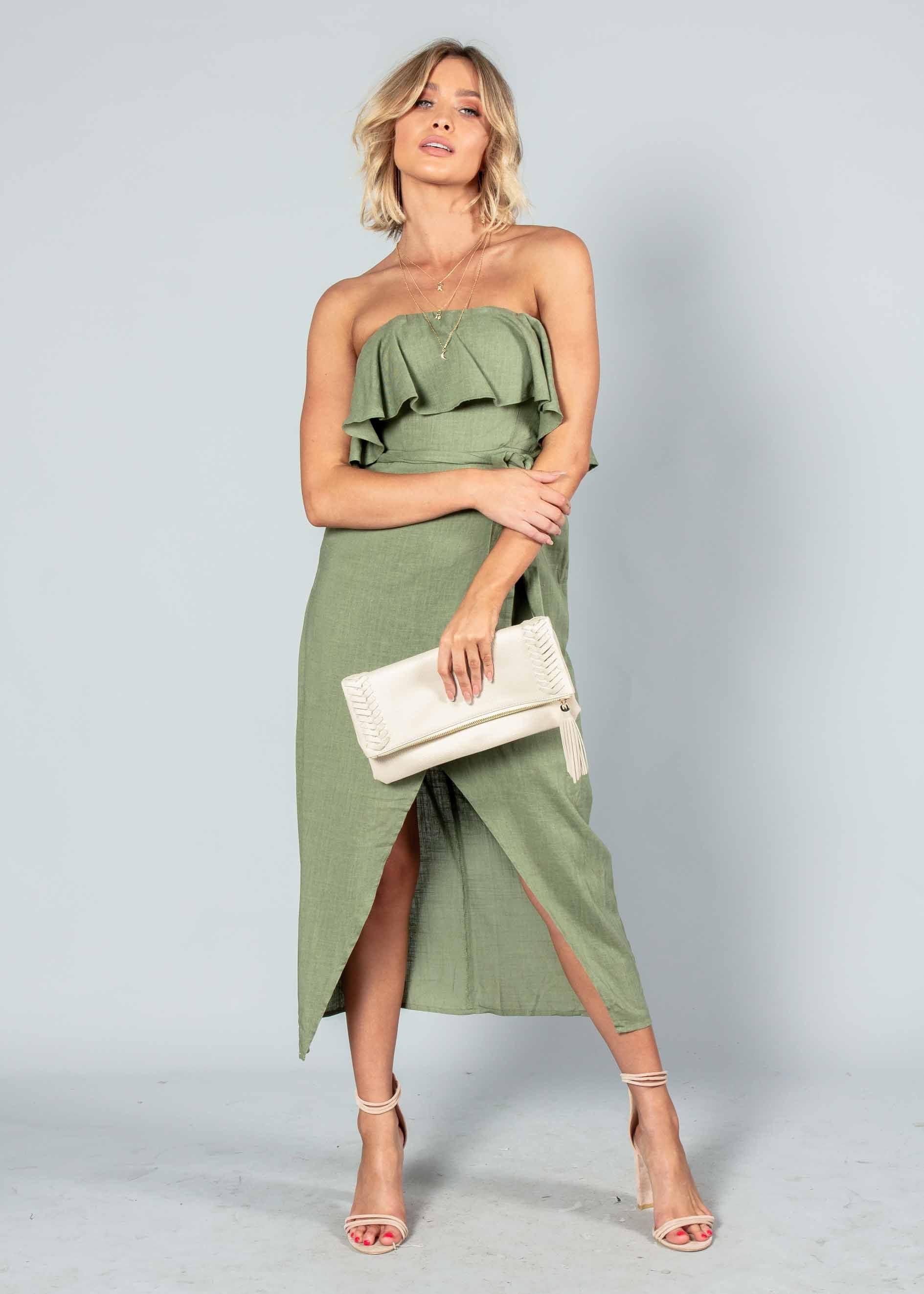 Quinn Strapless Midi Dress w/ Tie - Khaki