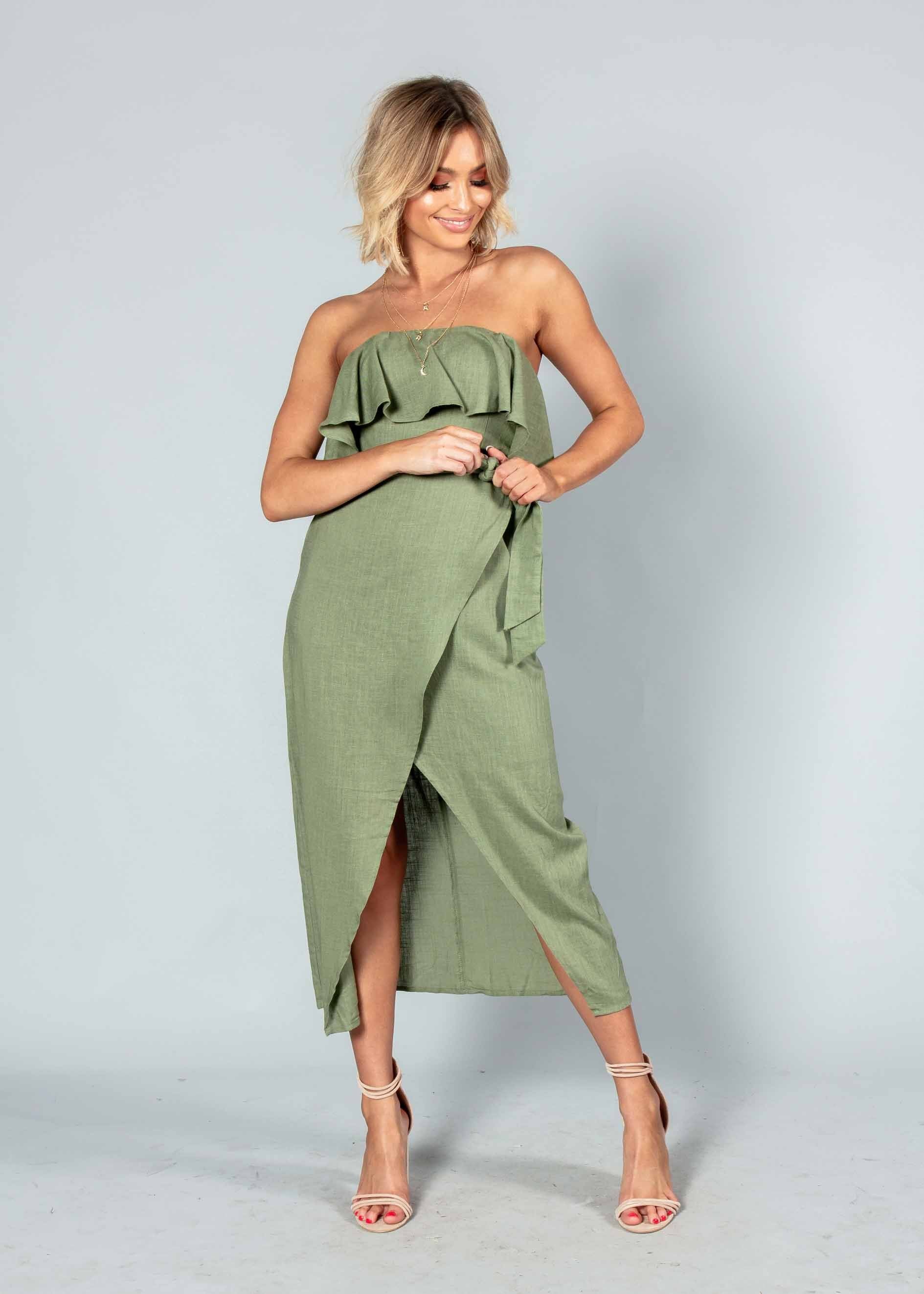 Quinn Strapless Midi Dress w/ Tie - Khaki