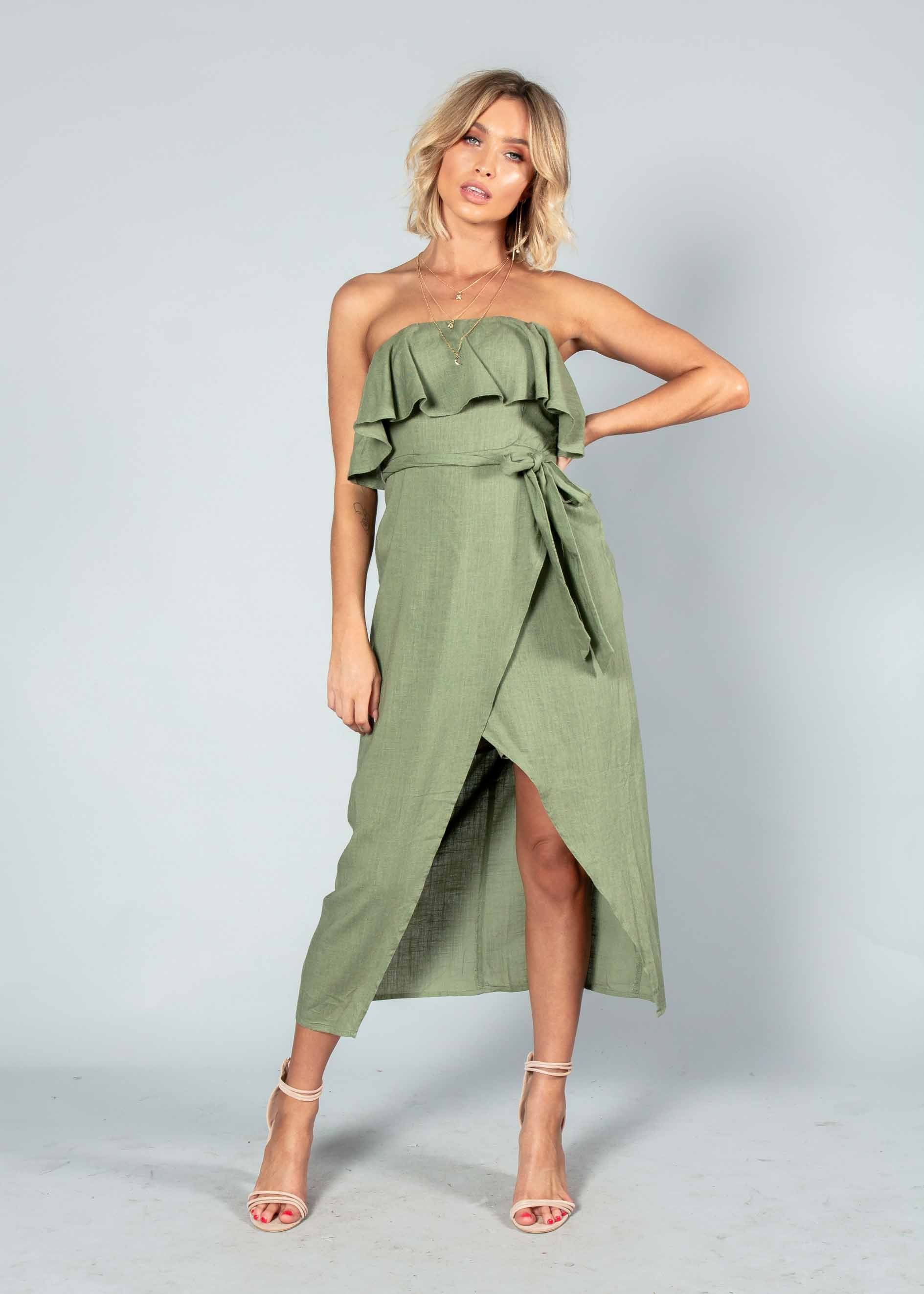 Quinn Strapless Midi Dress w/ Tie - Khaki