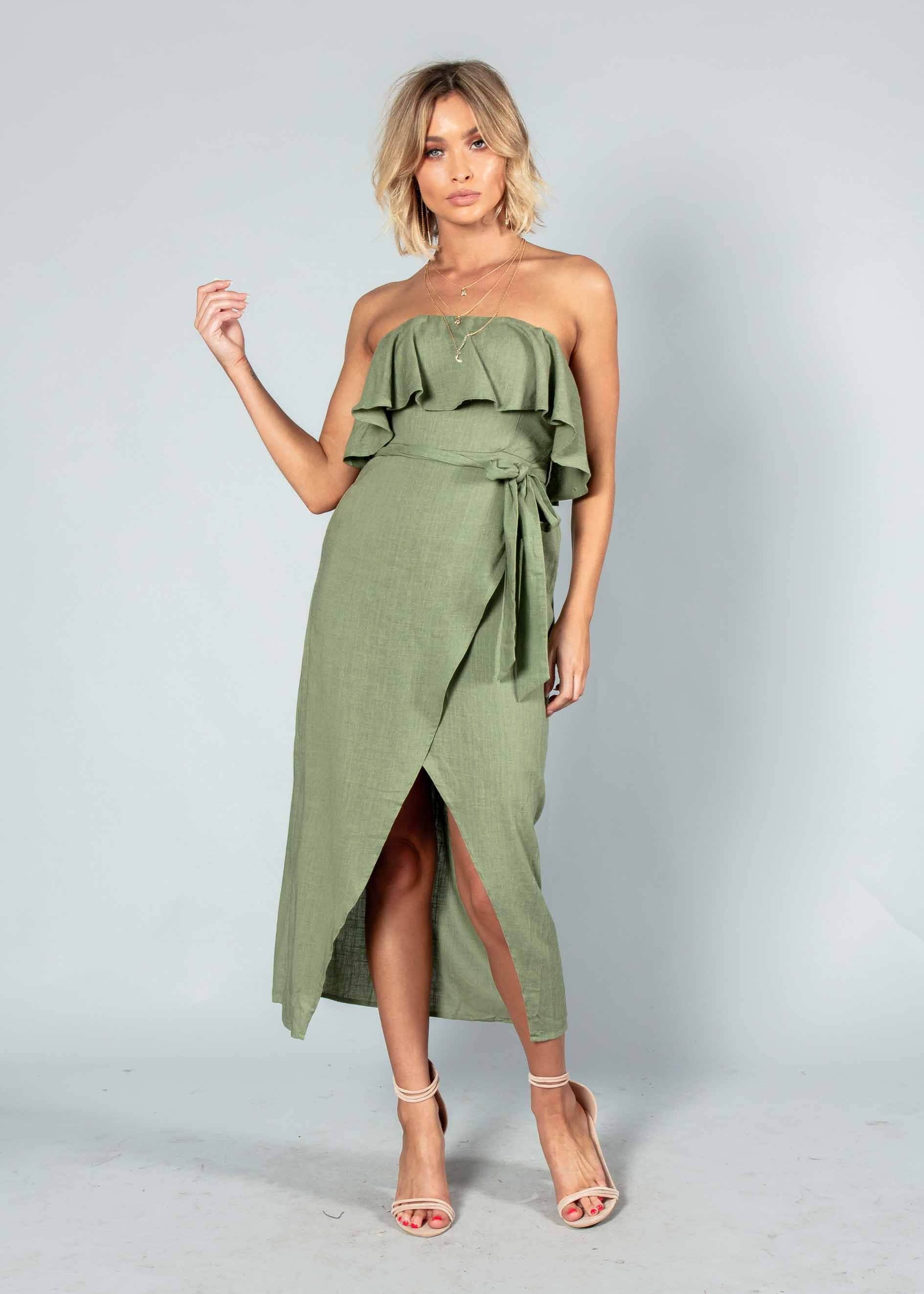 Quinn Strapless Midi Dress w/ Tie - Khaki