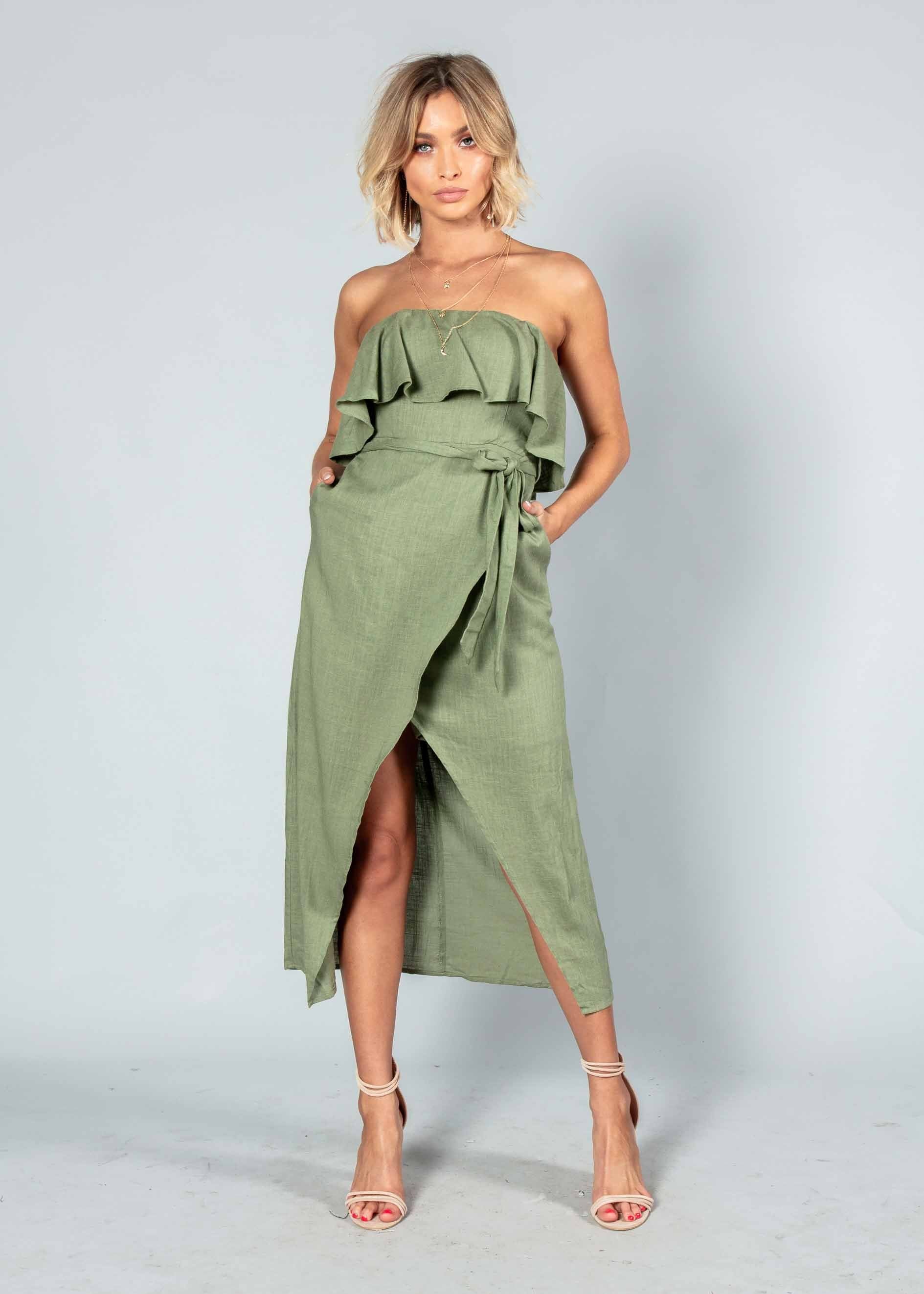 Quinn Strapless Midi Dress w/ Tie - Khaki