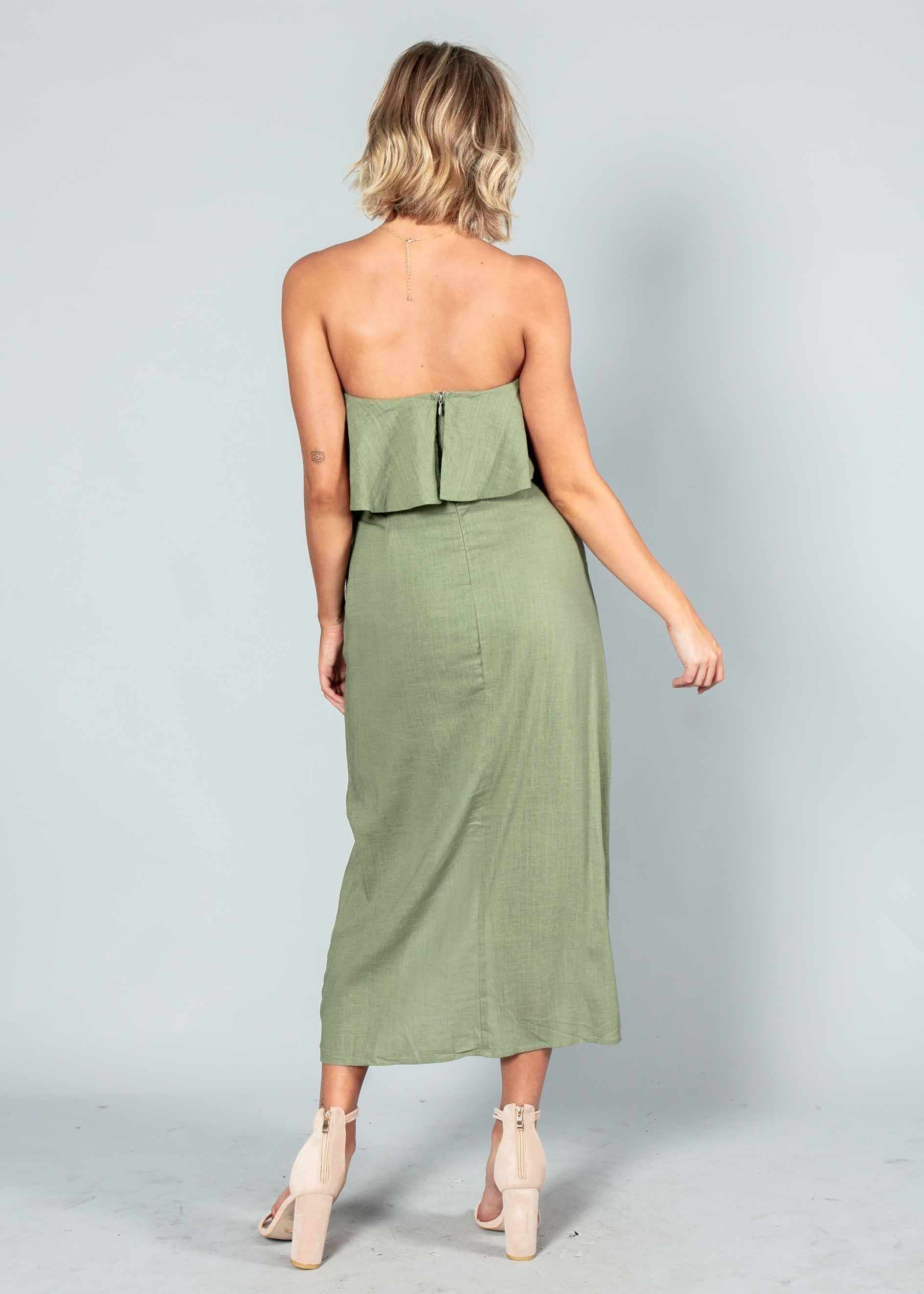 Quinn Strapless Midi Dress w/ Tie - Khaki