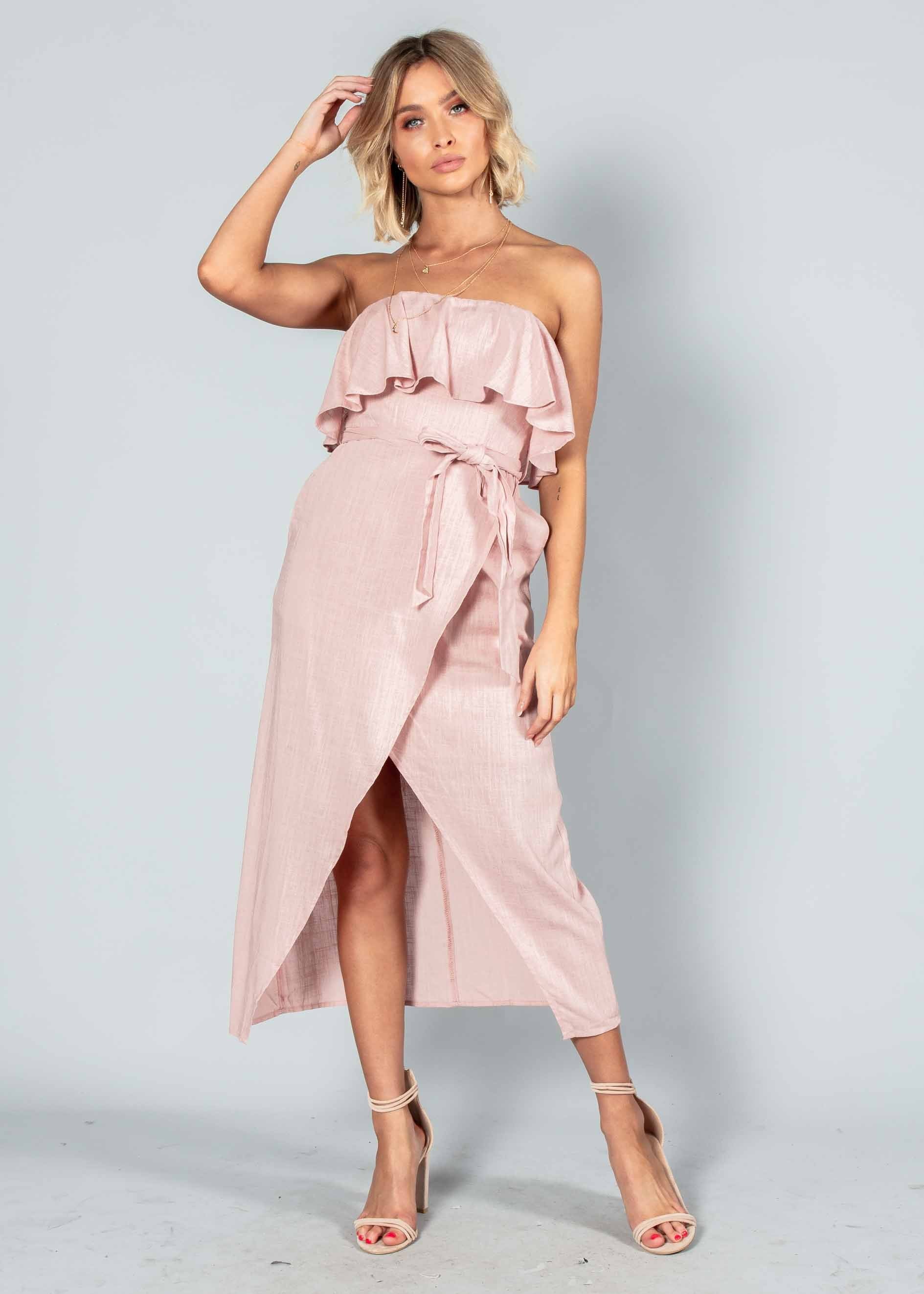 Quinn Strapless Midi Dress w/ Tie - Blush
