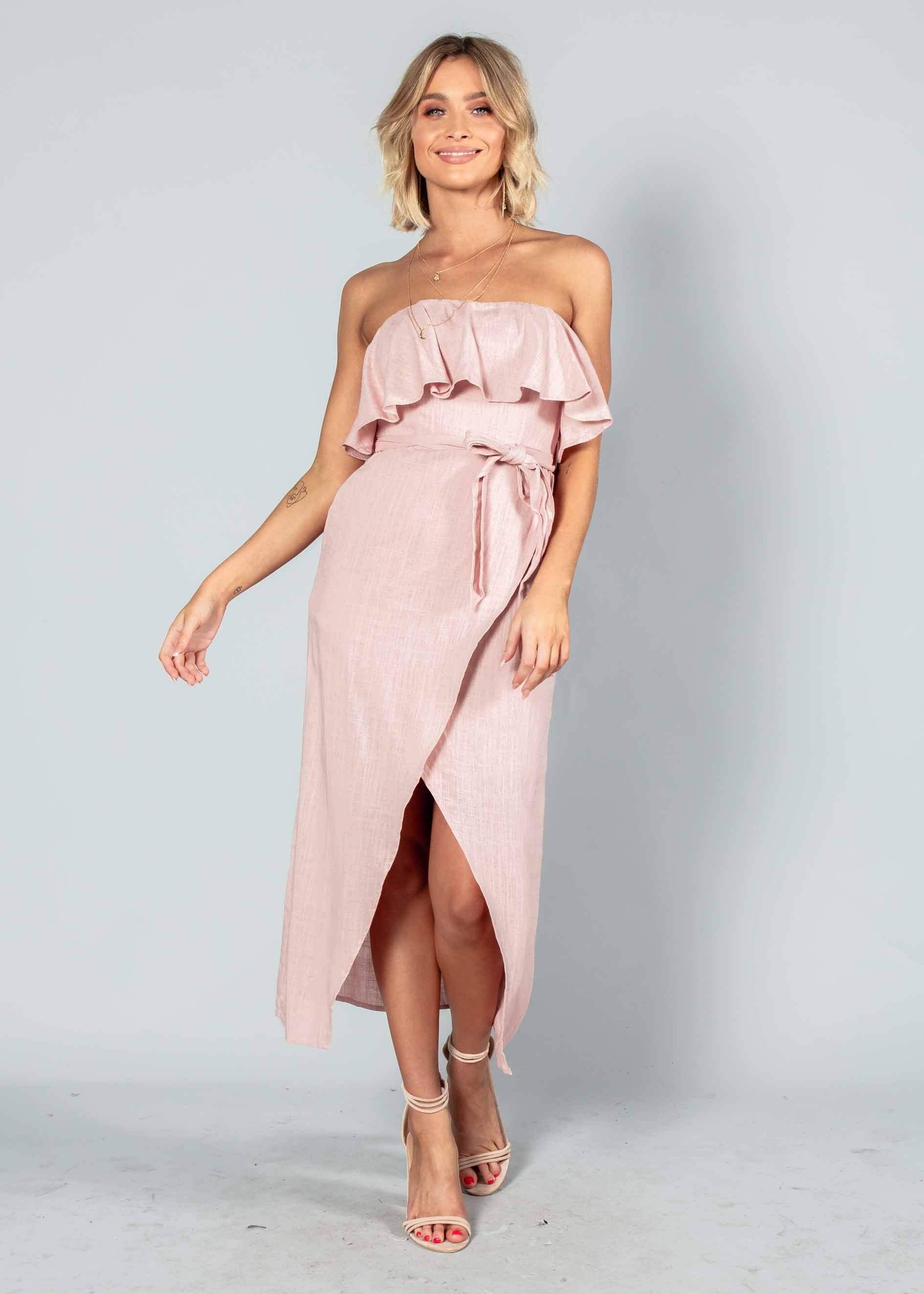 Quinn Strapless Midi Dress w/ Tie - Blush