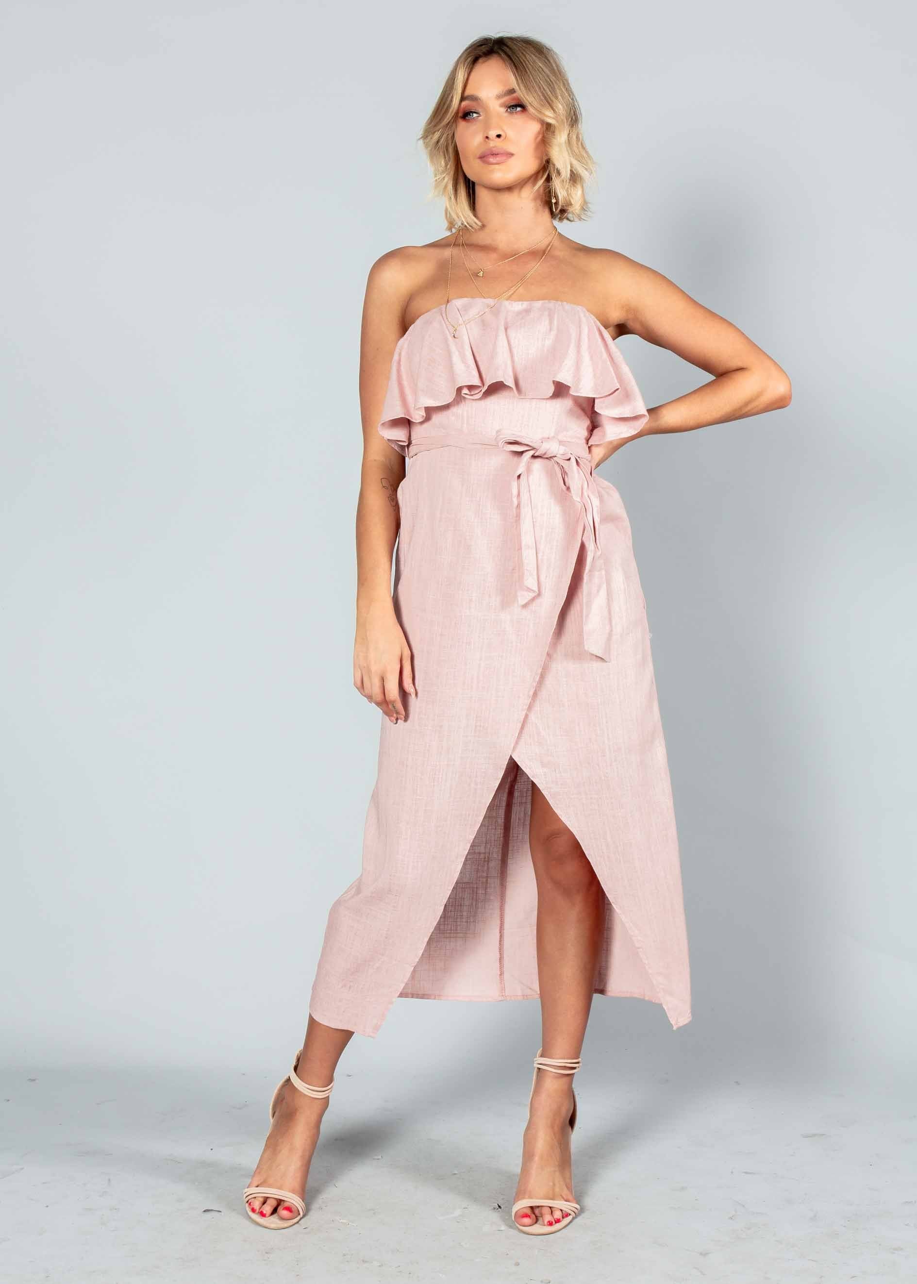 Quinn Strapless Midi Dress w/ Tie - Blush